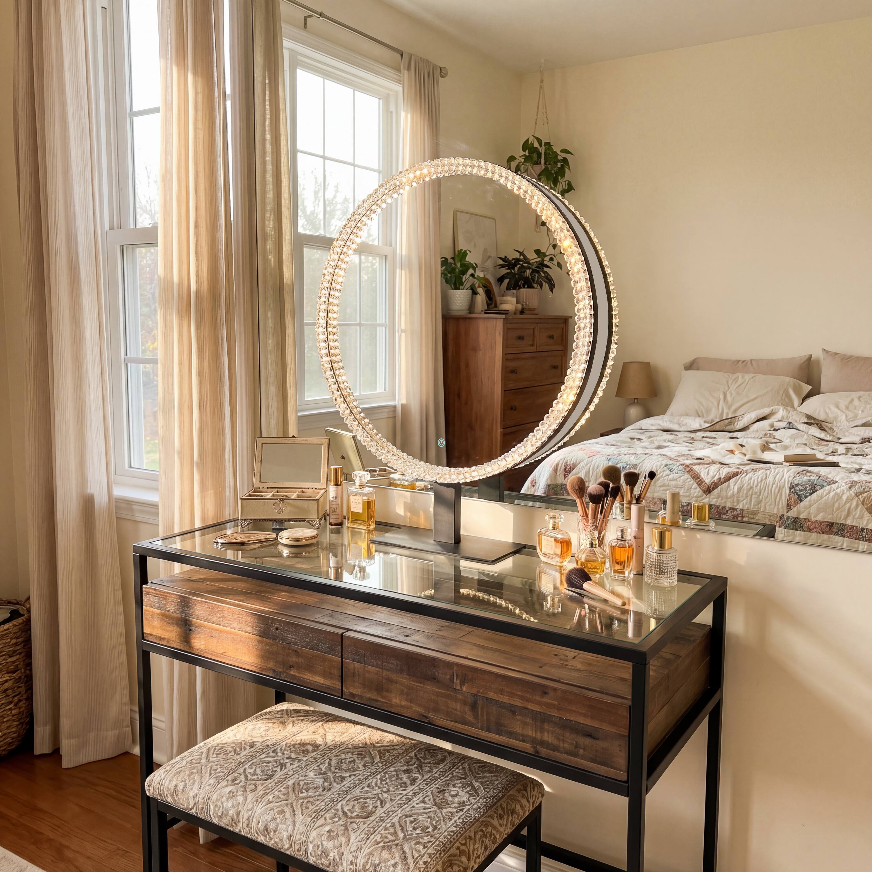 Back. FUFU&GAGA - Crystal-Trimmed LED Vanity Mirror – 19.7" Large High-Definition Makeup Mirror with 3-Color Dimmable Light.