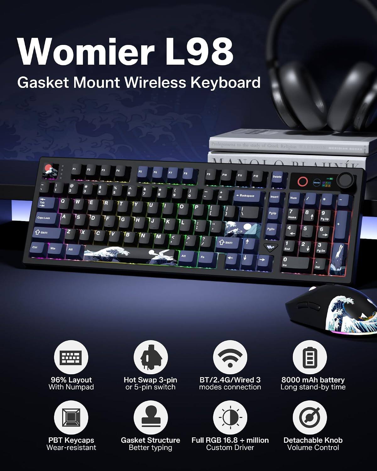 Womier L98 Gasket Mount Wireless Keyboard

Prolegomena to the Study of Greek Religion

ABRISON MERIDIAN BOOKE

P F F3 P FI FT FE F FM FH FO

Deiete - - . 1 - Tak CapeLocs LAs Sain

Wie . . a % A a 3 4 6 6 Q w E R T A Is D F G Z x C V B

An . . I 7 a 9 Y U I H J K L M < I o o L 3 AR P 2 / Fn I t S + - J J

BATY Backspace

PgUp 7 8 9

PgDn 4 5 6

End 1 2 3

Pg Dn

Mema Pple 4 1 M End 0

t dA / - 8 9 f F P 5 6 2 3

Pg De Der +

96% Layout With Numpad

Hot Swap 3-pin or 5-pin switch

BT/2.4G/Wired 3 modes connection

8000 mAh battery

Long stand-by time

PBT Key
