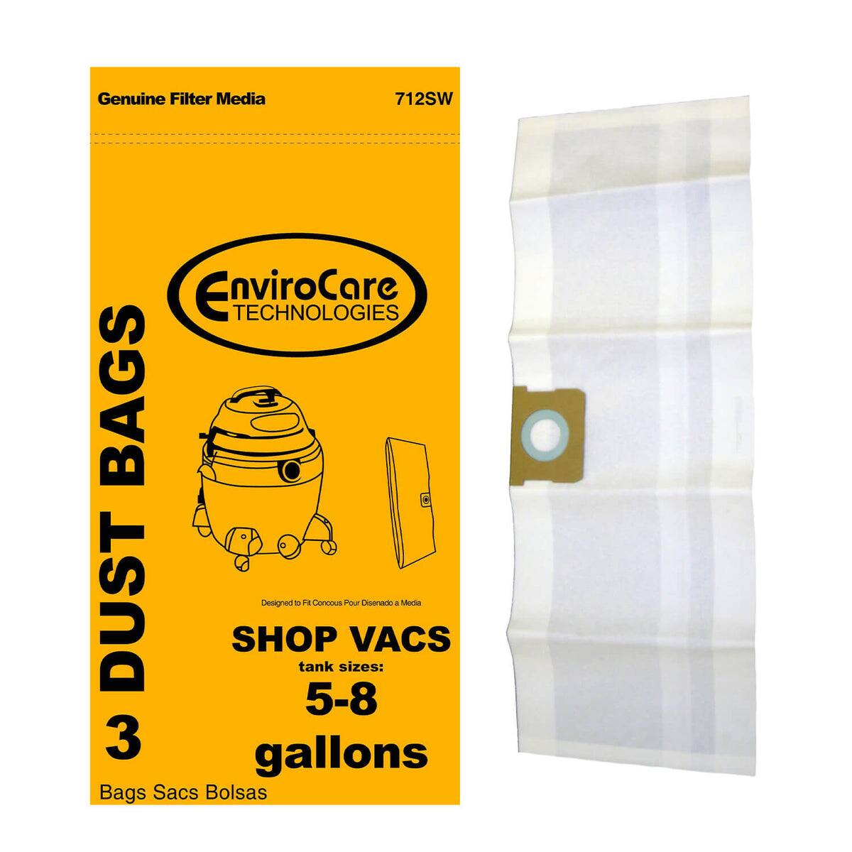 Genuine Filter Media  
712SW  

EnviroCare Technologies  

3 DUST BAGS  

Designed for Concous Pour Désenfumage à Média  

SHOP VACS  
tank sizes:  
5-8 gallons  

Bags Sacs Bolsas