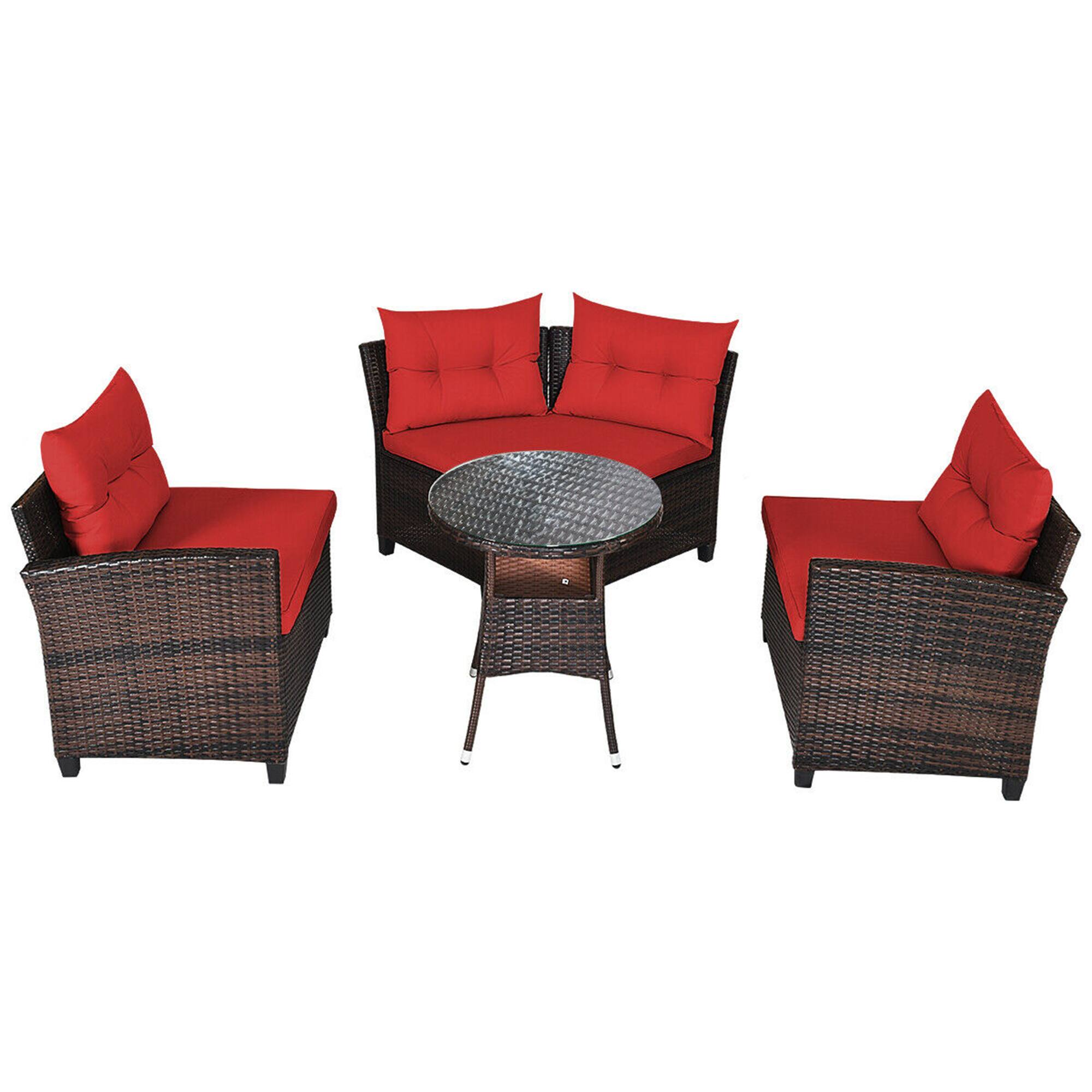 Alt View 4. Gymax - Gymax 4PCS Patio Furniture Set Outdoor Rattan Sectional Sofa Set w/ Red Cushions - Red.