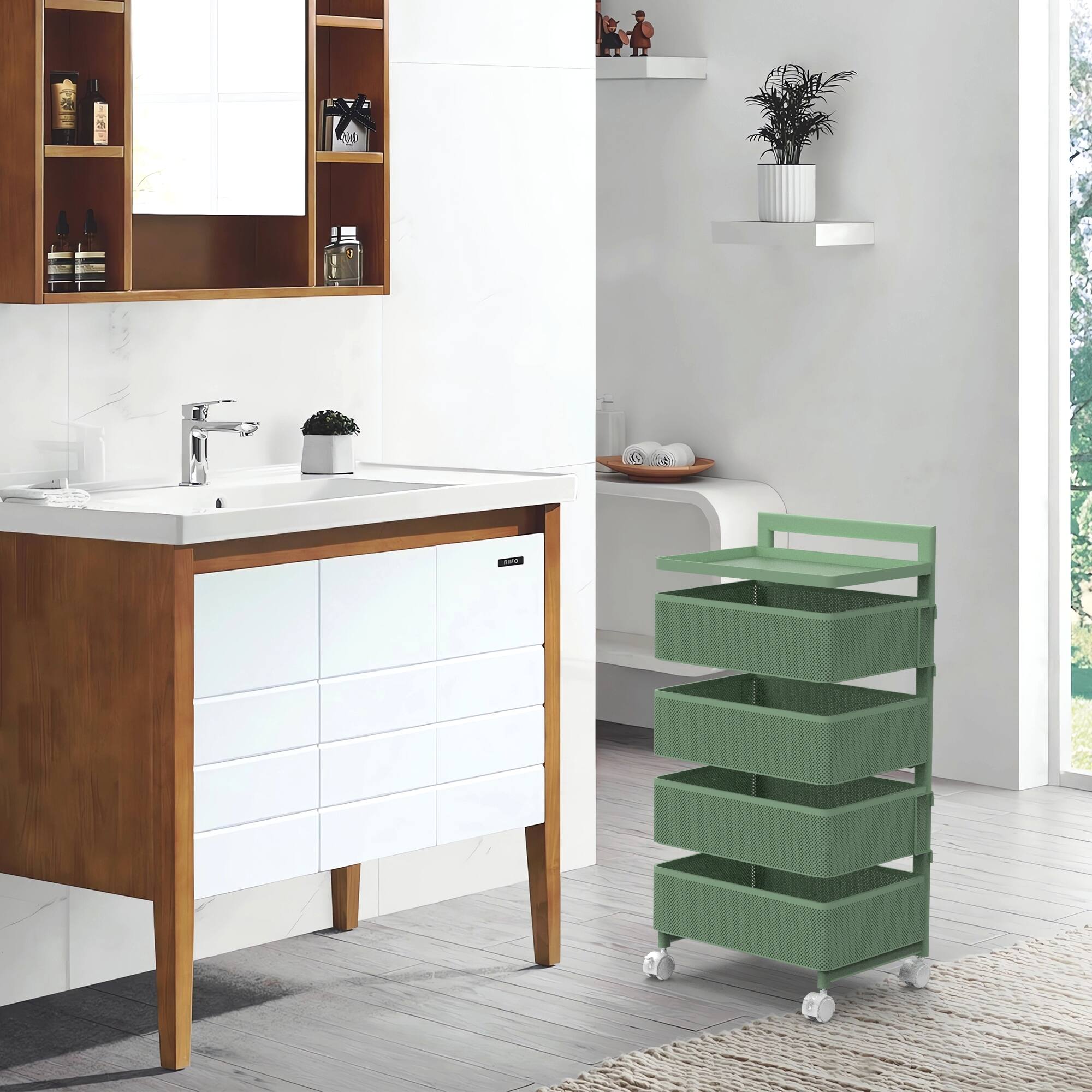 Alt View 3. Malletson - 5-Tier Rotating Kitchen Storage Cart with Wheels, Metal Mesh Organizer for Fruits, Vegetables, and Kitchen Supplies - Green.