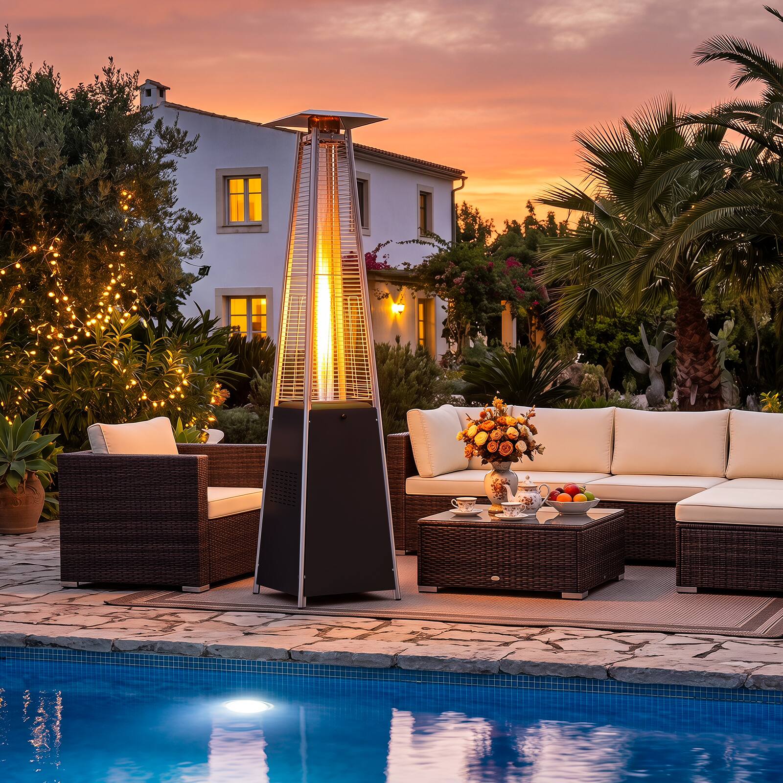 Alt View 4. Costway - Costway 45000 BTU Pyramid Patio Heater with Zippered Cover,Triple Safety Protection,Wheels - Silver + Black.