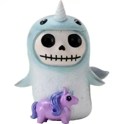 Front. Pacific Trading - Furrybones Whally Skeleton in Narwhal Costume with a Toy Unicorn Figurine - Blue.