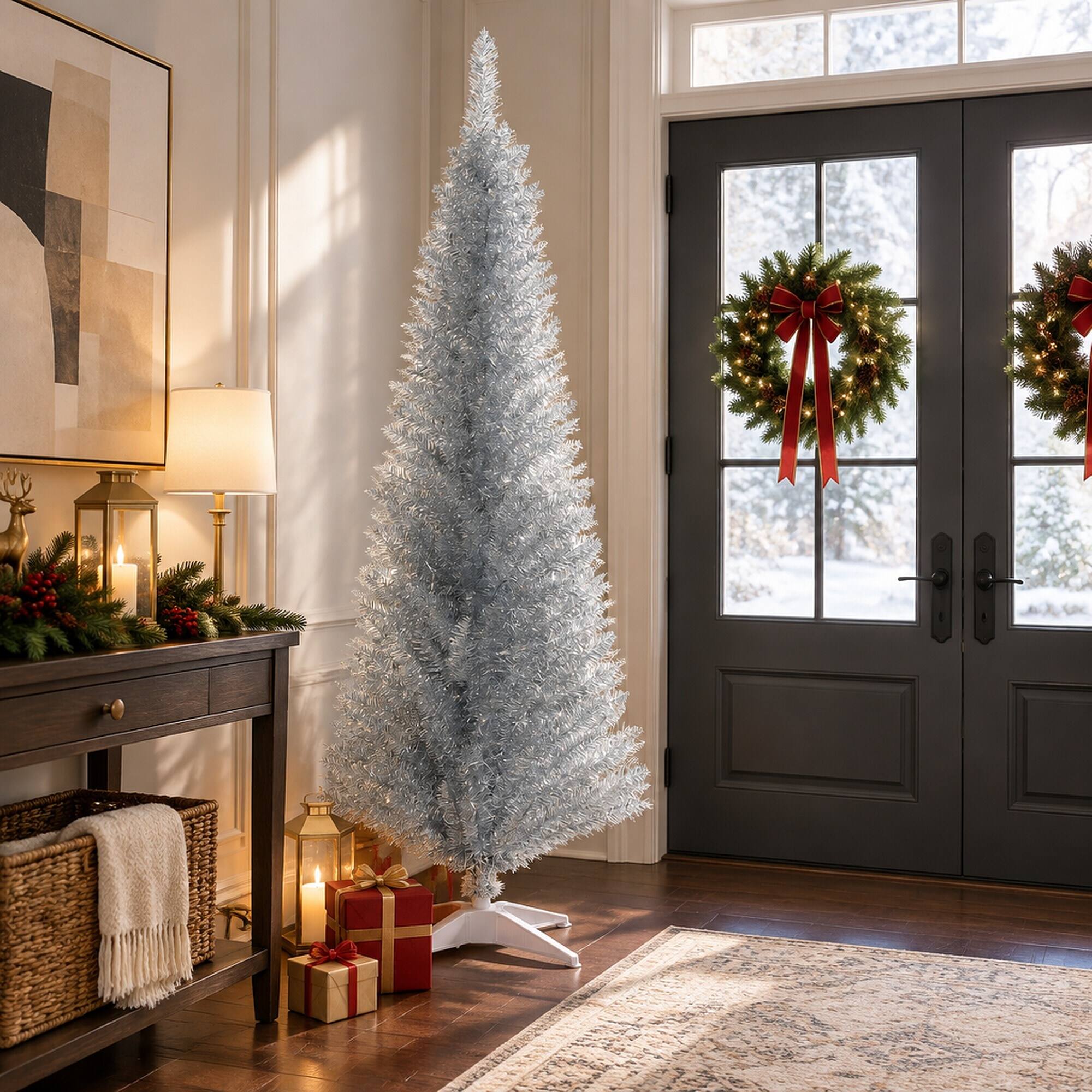 Alt View 2. RYHNUYNE - 5 Ft Slim Pencil Silver Artificial Christmas Tree With 294 Realistic Tips, Plastic Base Easy Setup Holiday Decor - Silver.