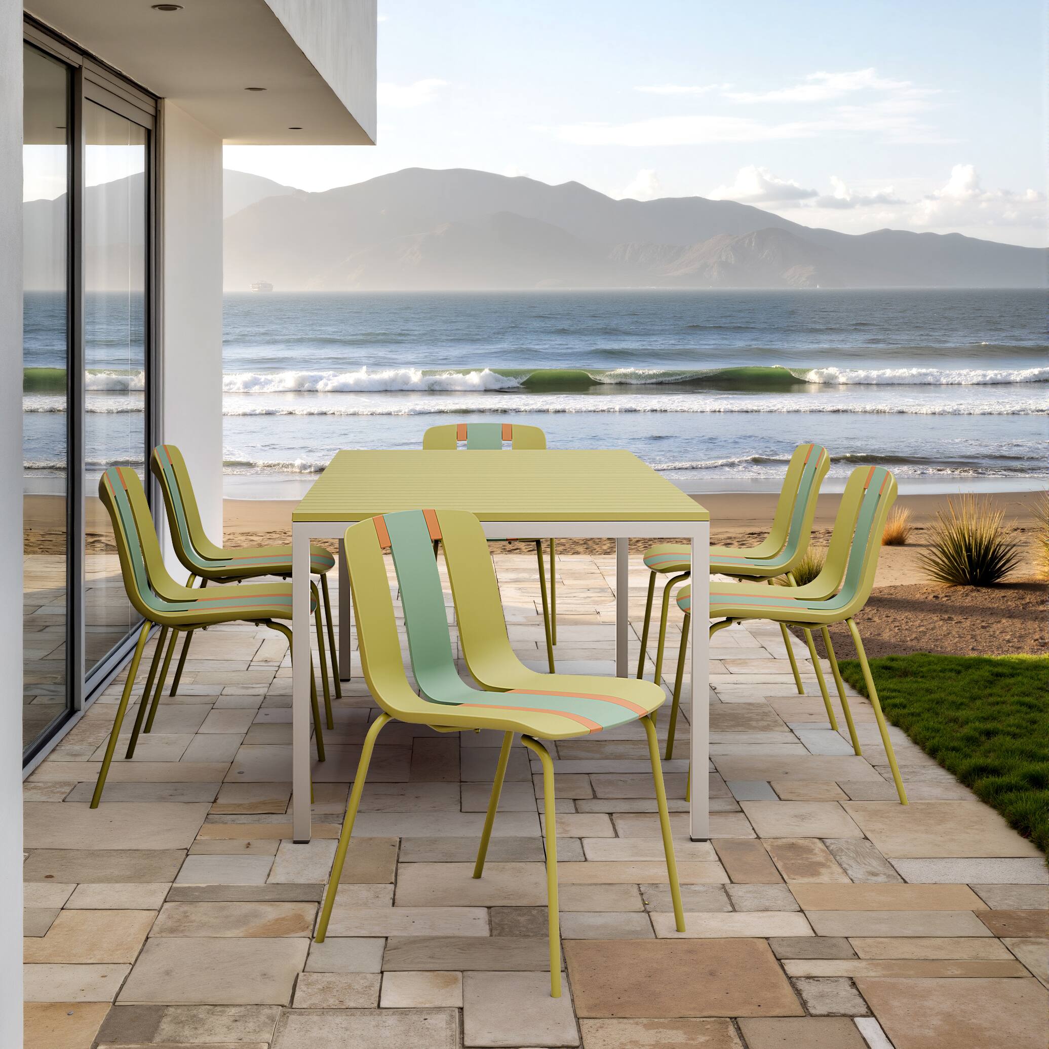 Angle. Mondawe - 4-Pack Modern Striped Color Block Chairs – PP Plastic Seat & Sturdy Metal Legs - Yellow+Green.