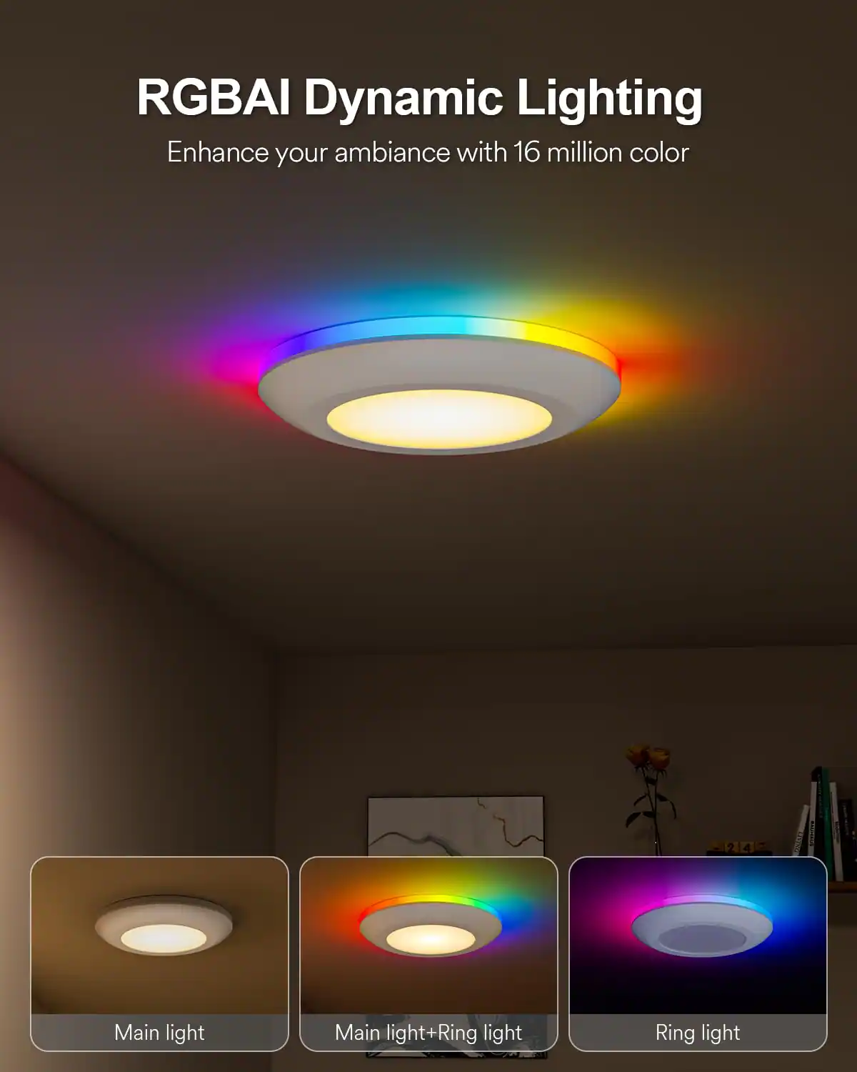 RGBAI Dynamic Lighting  
Enhance your ambiance with 16 million colors  

Main light  
Main light + Ring light  
Ring light