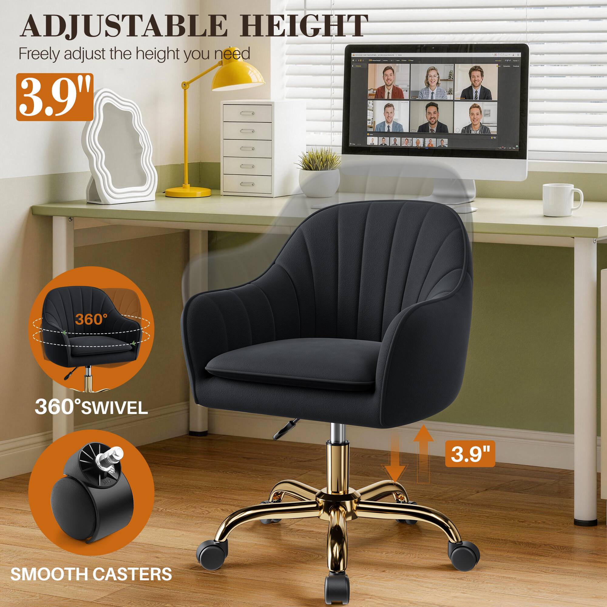 ADJUSTABLE HEIGHT  
Freely adjust the height you need  
3.9"  

360° SWIVEL  

SMOOTH CASTERS