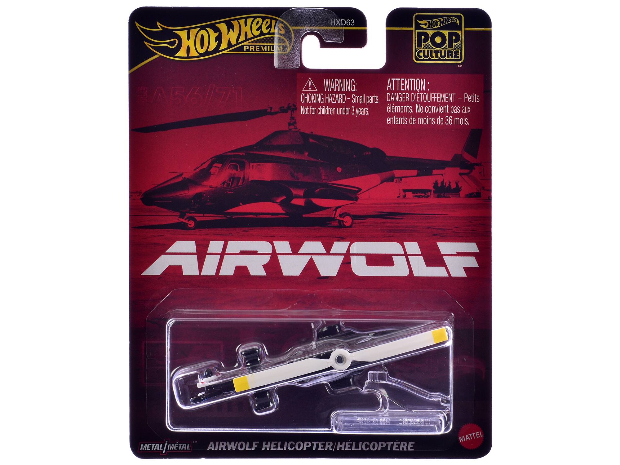 HXD63 HOT WHEELS POP CULTURE TM!  
WARNING: ATTENTION: 3A56//71 CHOKING HAZARD - Small parts. DANGER D'ÉTOUFFEMENT - Petits éléments. Ne convient pas aux enfants de moins de 36 mois.  
AIRWOLF  
MATTEL METAL / MÉTAL METAL AIRWOLF HELICOPTER / HELICOPTÈRE