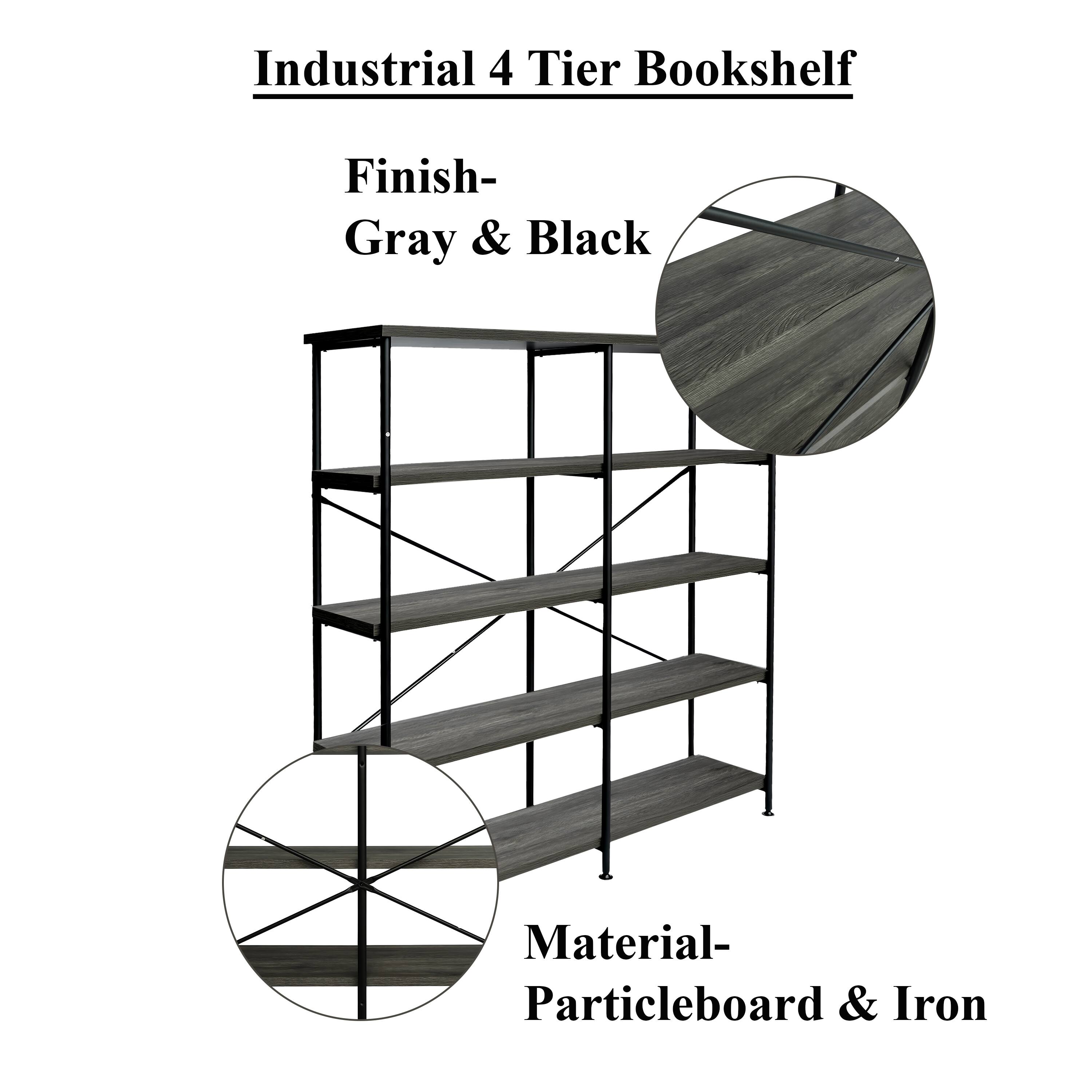 Industrial 4 Tier Bookshelf Finish- Gray & Black Material- Particleboard & Iron