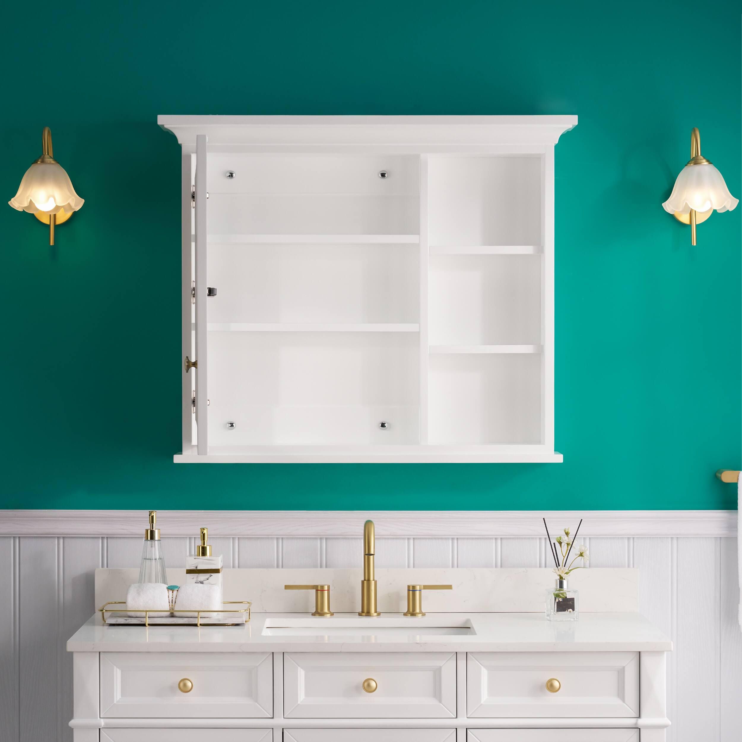 Alt View 1. WELLFOR - 36 in. W x 30 in. H Rectangular Solid Wood Medicine Cabinet with Mirror - White.