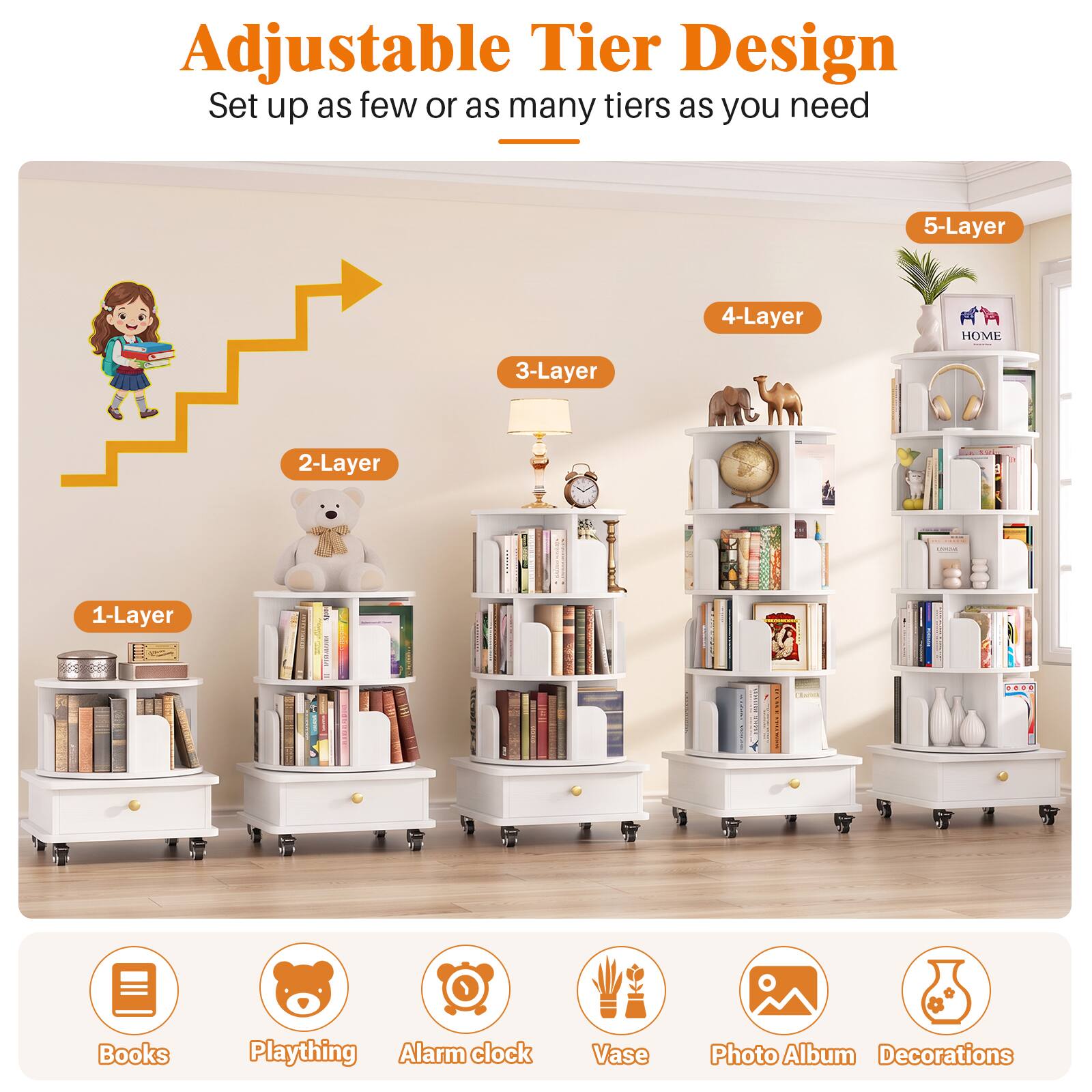 Best Rims Images Aheaplus 6 Tier Rotating Bookshelf: Lockable Wheels & Hidden Drawer ...