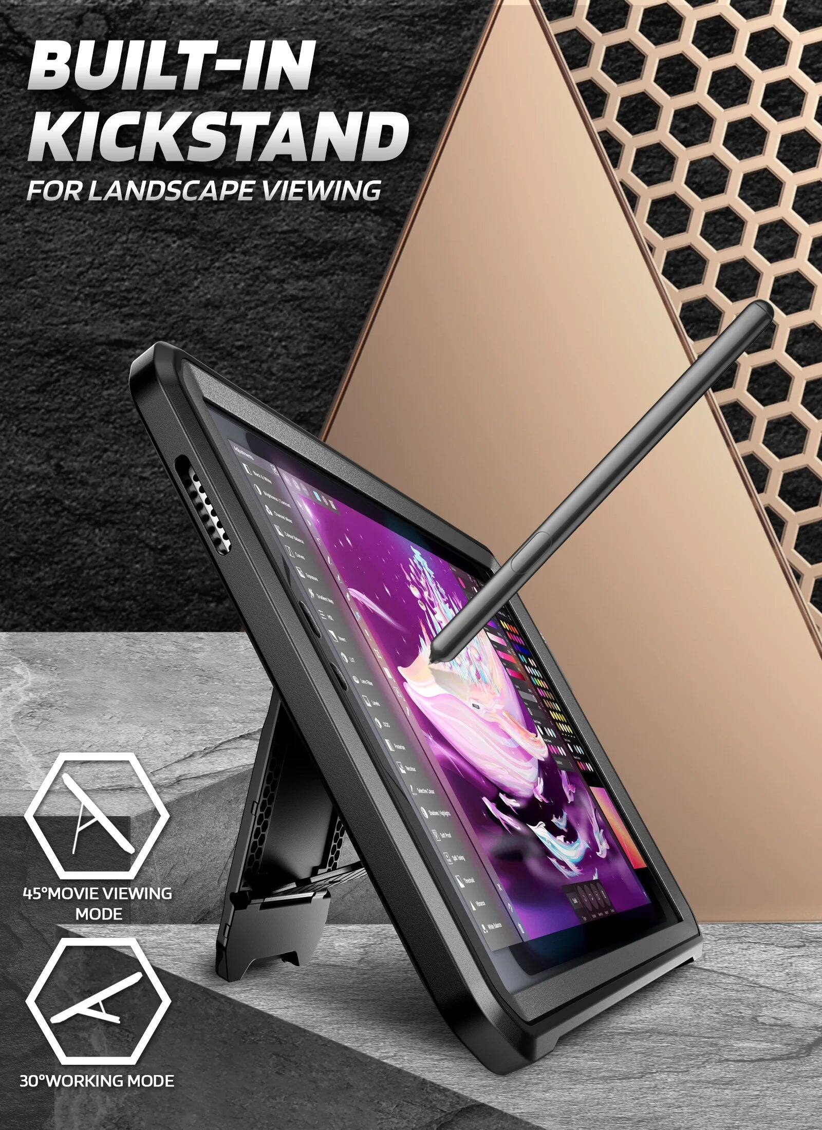 BUILT-IN KICKSTAND FOR LANDSCAPE VIEWING

45° MOVIE VIEWING MODE

30° WORKING MODE