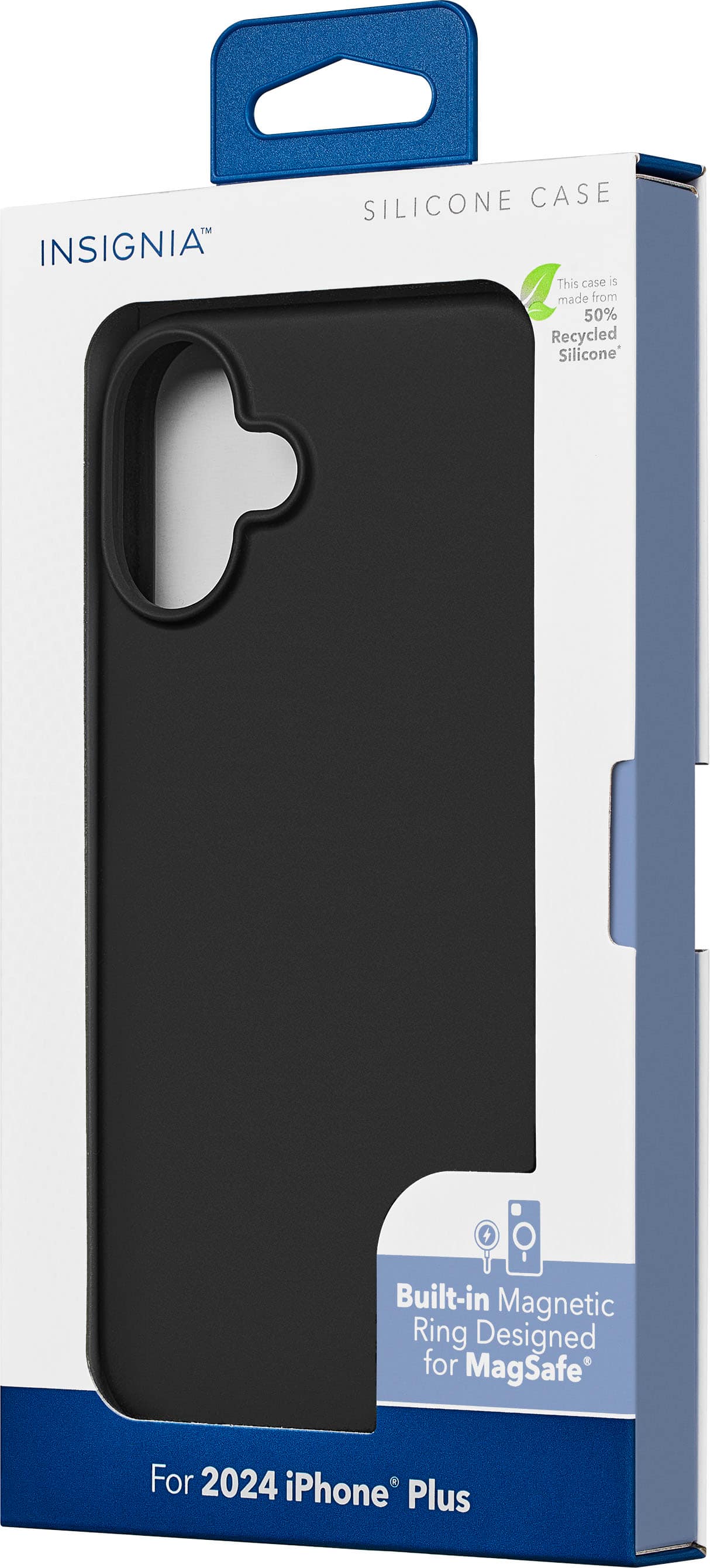 Insignia Silicone Case for 2024 iPhone Plus. This case is made from 50% recycled silicone and features a built-in magnetic ring designed for MagSafe.