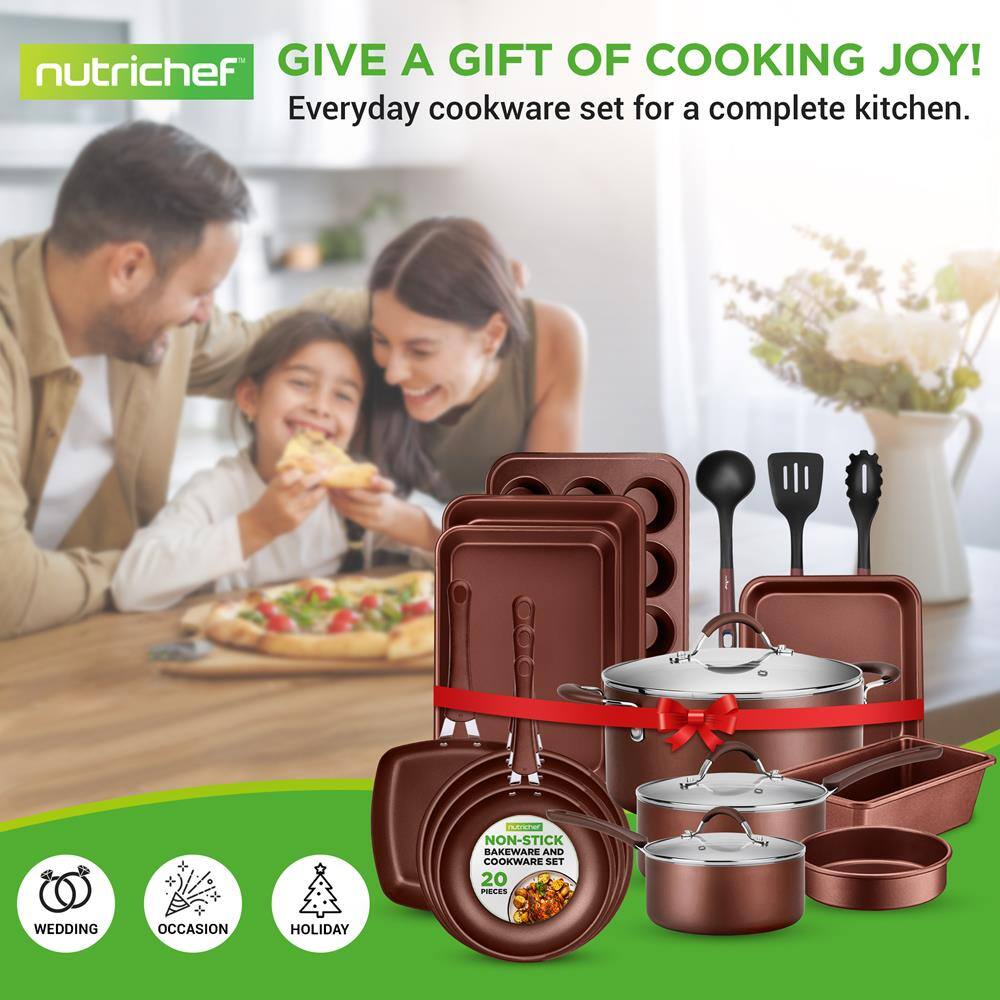 nutrichef  
GIVE A GIFT OF COOKING JOY!  
Everyday cookware set for a complete kitchen.  

NON-STICK BAKEWARE AND COOKWARE SET  
20 PIECES  

WEDDING  
OCCASION  
HOLIDAY