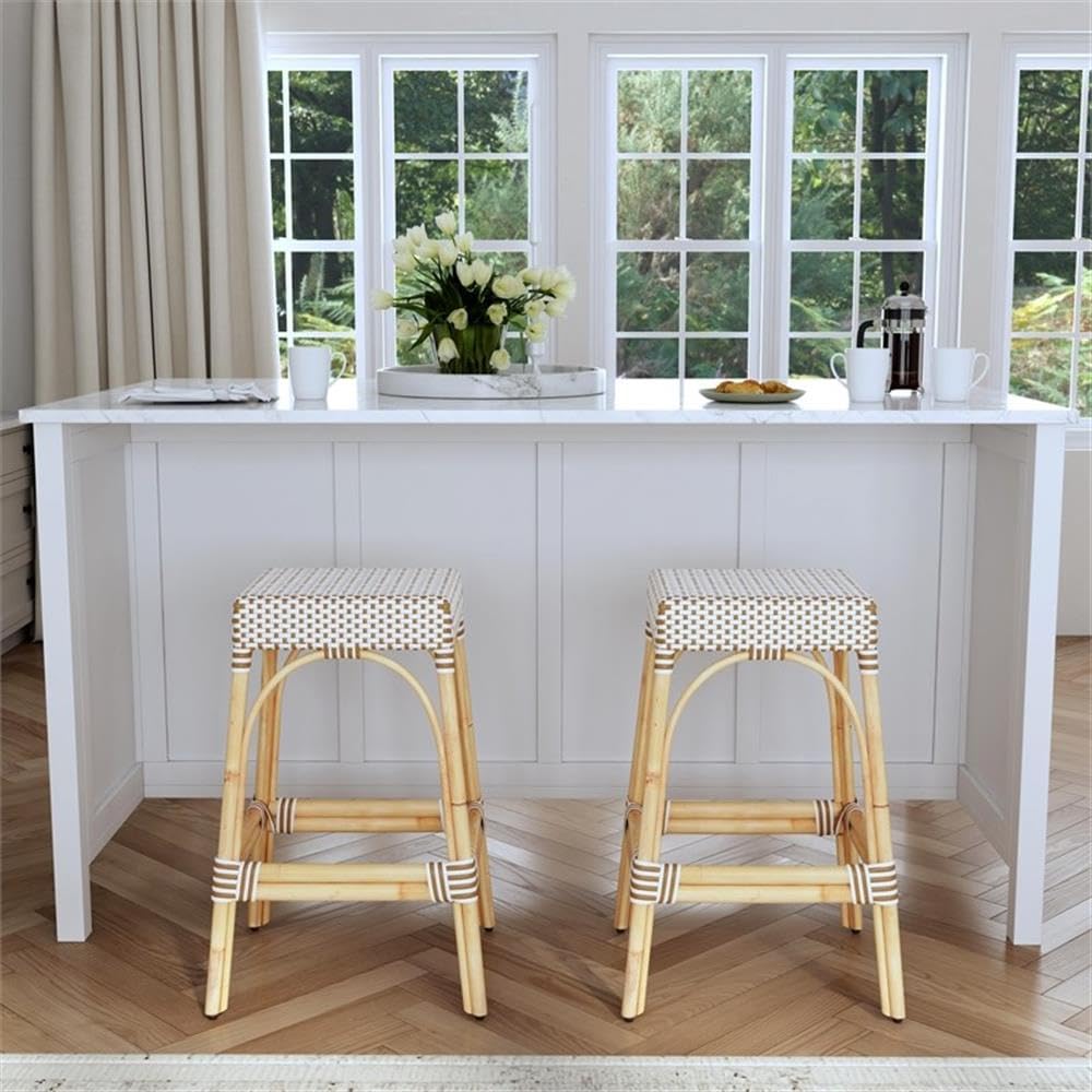 Angle. Butler Specialty - Robias Rectangular Rattan 30" Bar Stool - White And Tan Dot.