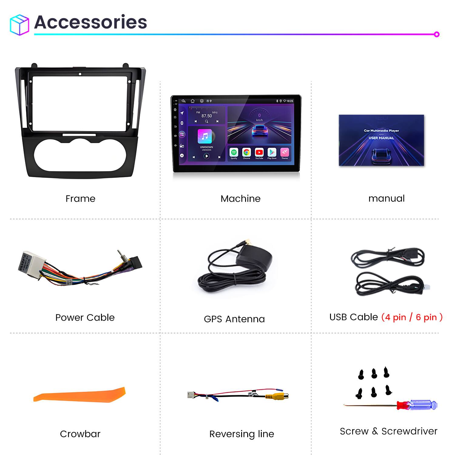 Accessories

- Frame
- Machine
- Manual
- Power Cable
- GPS Antenna
- USB Cable (4 pin / 6 pin)
- Crowbar
- Reversing Line
- Screw & Screwdriver