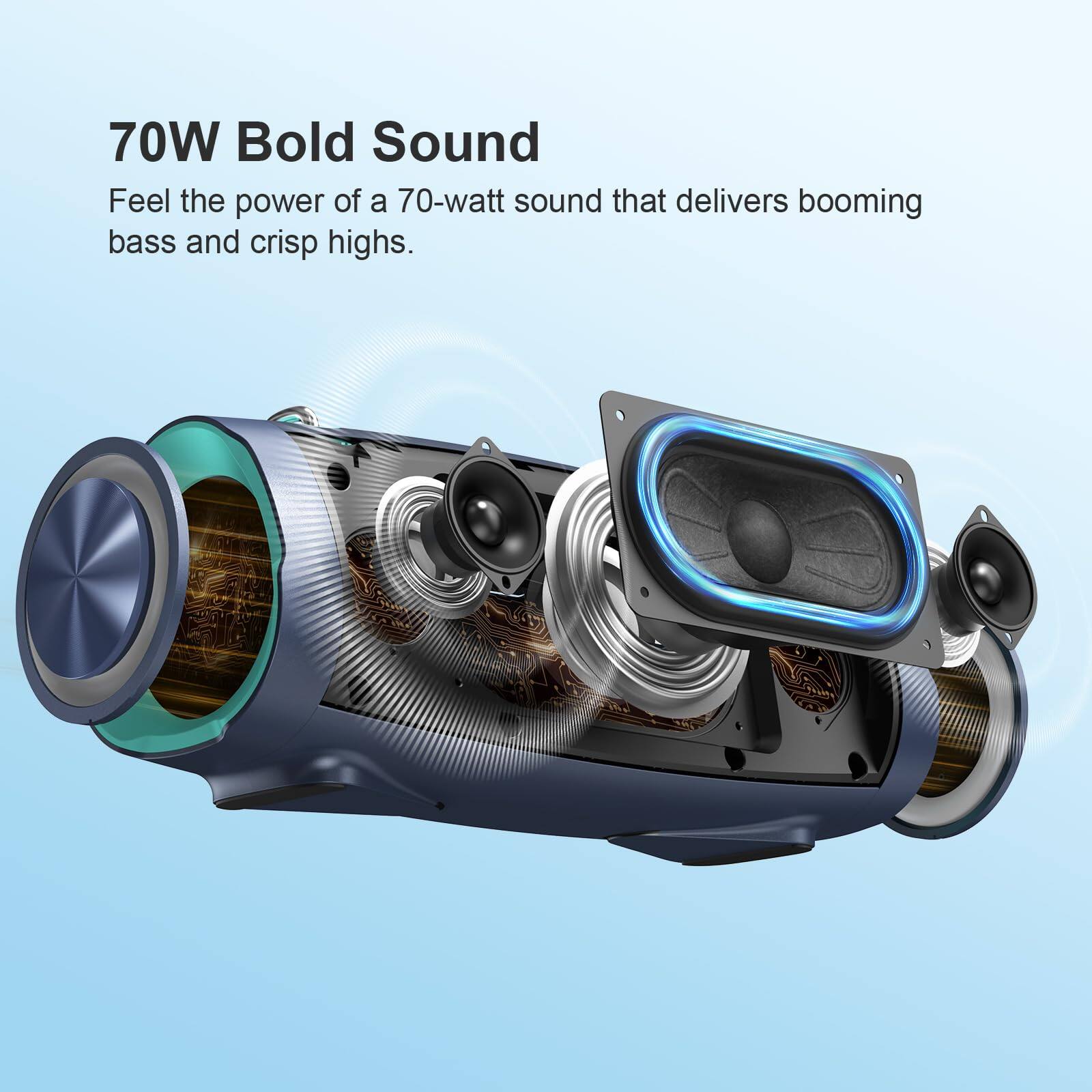 70W Bold Sound  
Feel the power of a 70-watt sound that delivers booming bass and crisp highs.