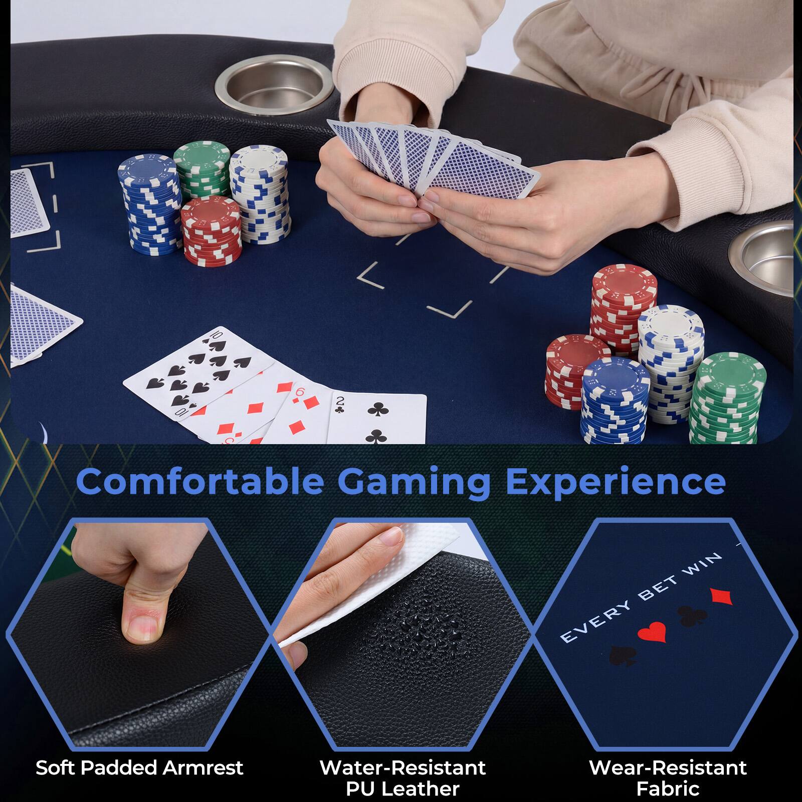 Comfortable Gaming Experience

- Soft Padded Armrest
- Water-Resistant PU Leather
- Wear-Resistant Fabric

EVERY BET WIN