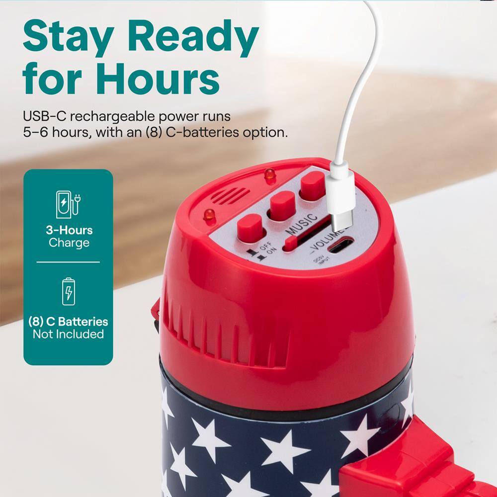 Stay Ready for Hours  
USB-C rechargeable power runs 5-6 hours, with an (8) C-batteries option.  
3-Hours Charge  
MUSIC VOLUME OFF ON DC5V INPUT  
(8) C Batteries Not Included