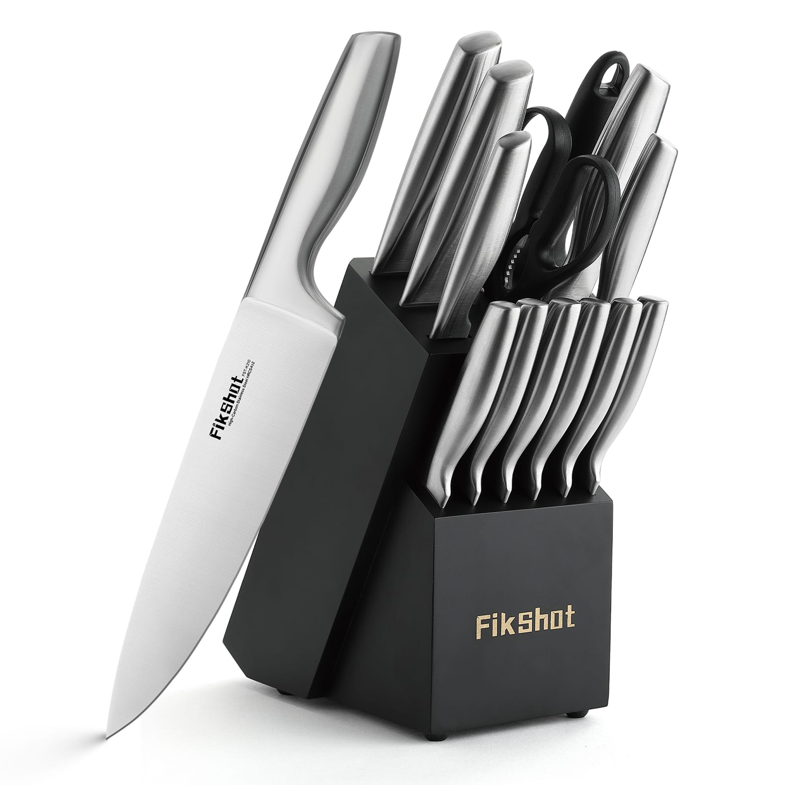 Livingo - 14-Piece Stainless Steel Knife Block Set with Black Block and Steak Knives, German-Grade Kitchen Knives, Dishwasher Safe - Stainless steel colour