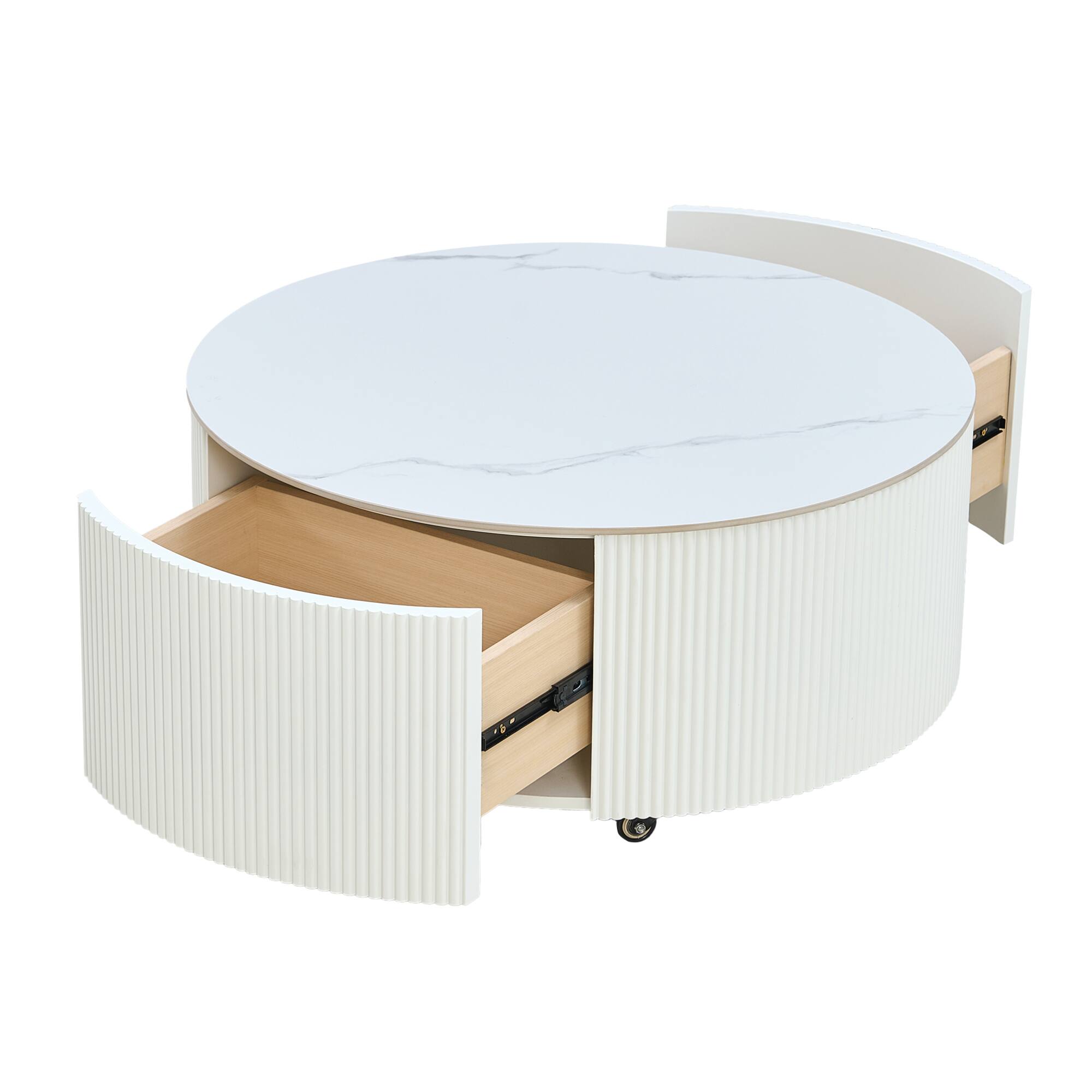 Alt View 10. GOODSILO - Modern Round Mobile Coffee Table with Two Drawers and Marble-Pattern Top - White.