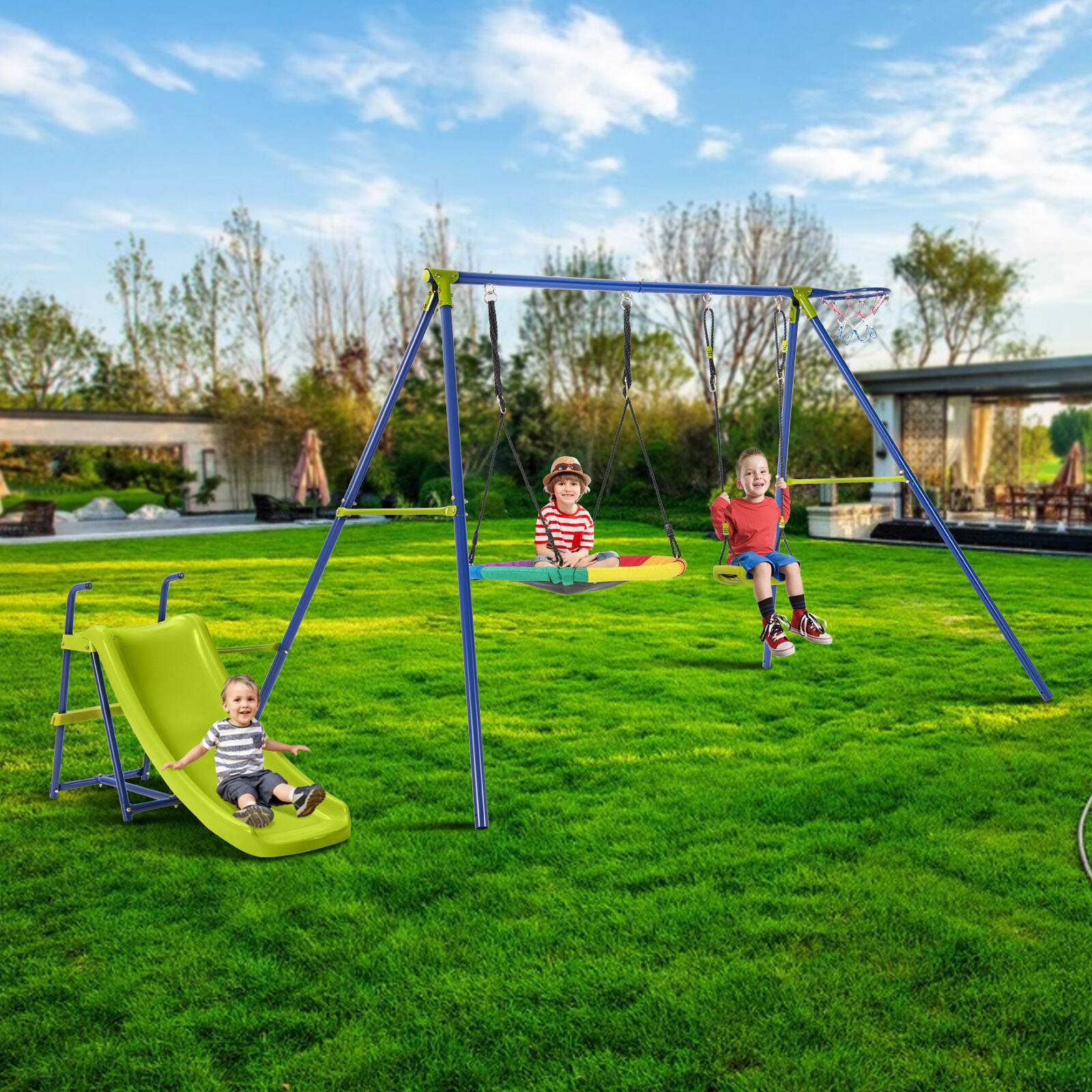 Angle. SlickBlue - 4-in-1 Metal Playset with Slide, Basketball Hoop, Swing and Climbing Features - Multicolor.