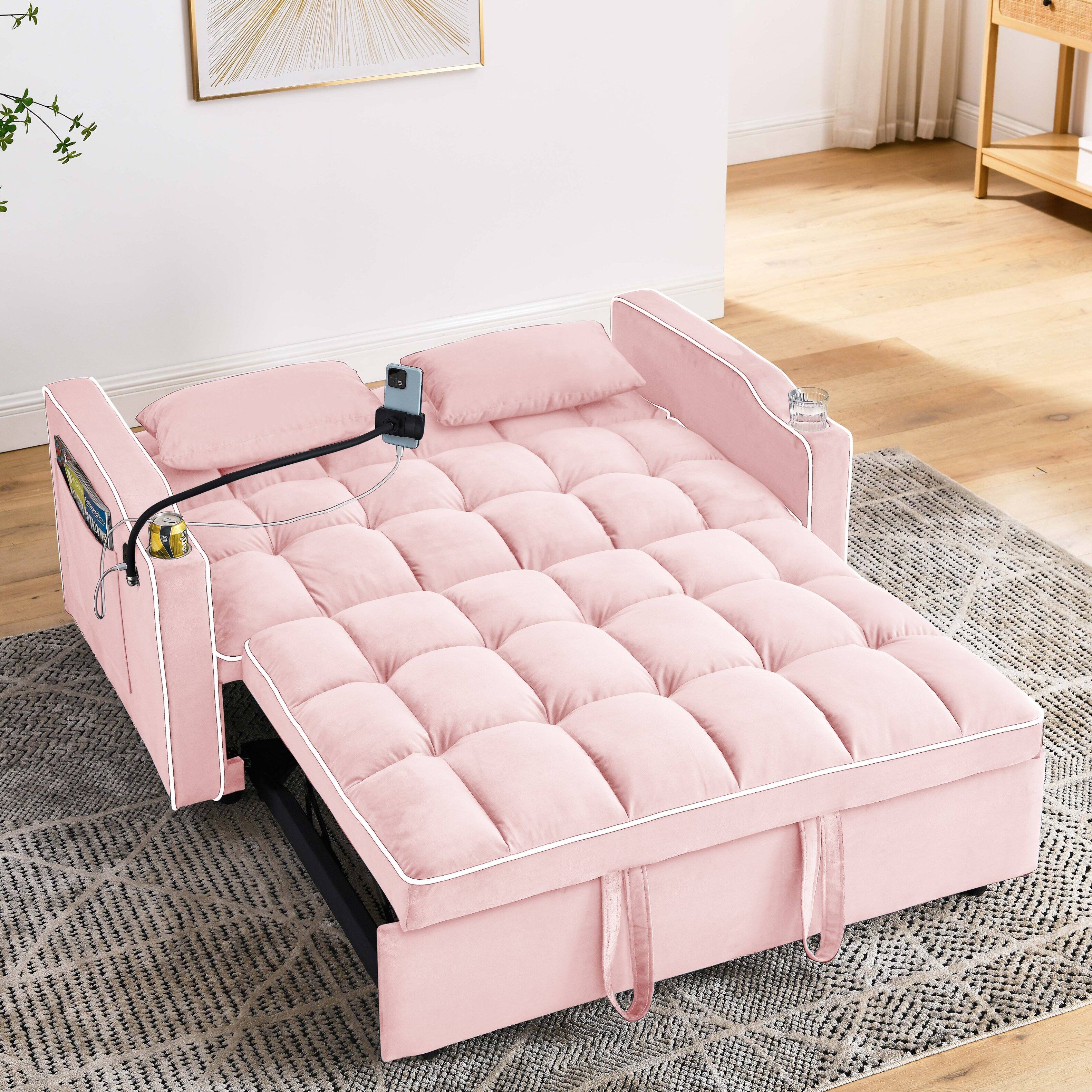 Alt View 2. GOODSILO - Versatile 55-Inch Foldable Sofa Bed with Adjustable Backrest and Modern Convenience Features for Living Spaces - Baby Pink.