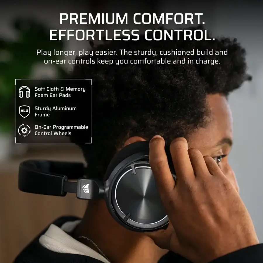 Premium comfort. Effortless control. Play longer, play easier. The sturdy, cushioned build and on-ear controls keep you comfortable and in charge. Soft cloth & memory foam ear pads. Sturdy aluminum ALU frame. On-ear programmable control wheels.