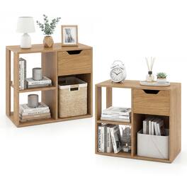 Costway - 2 PCS Bookshelf with Drawer, Freestanding Storage & Display Shelf for Living Room - Natural