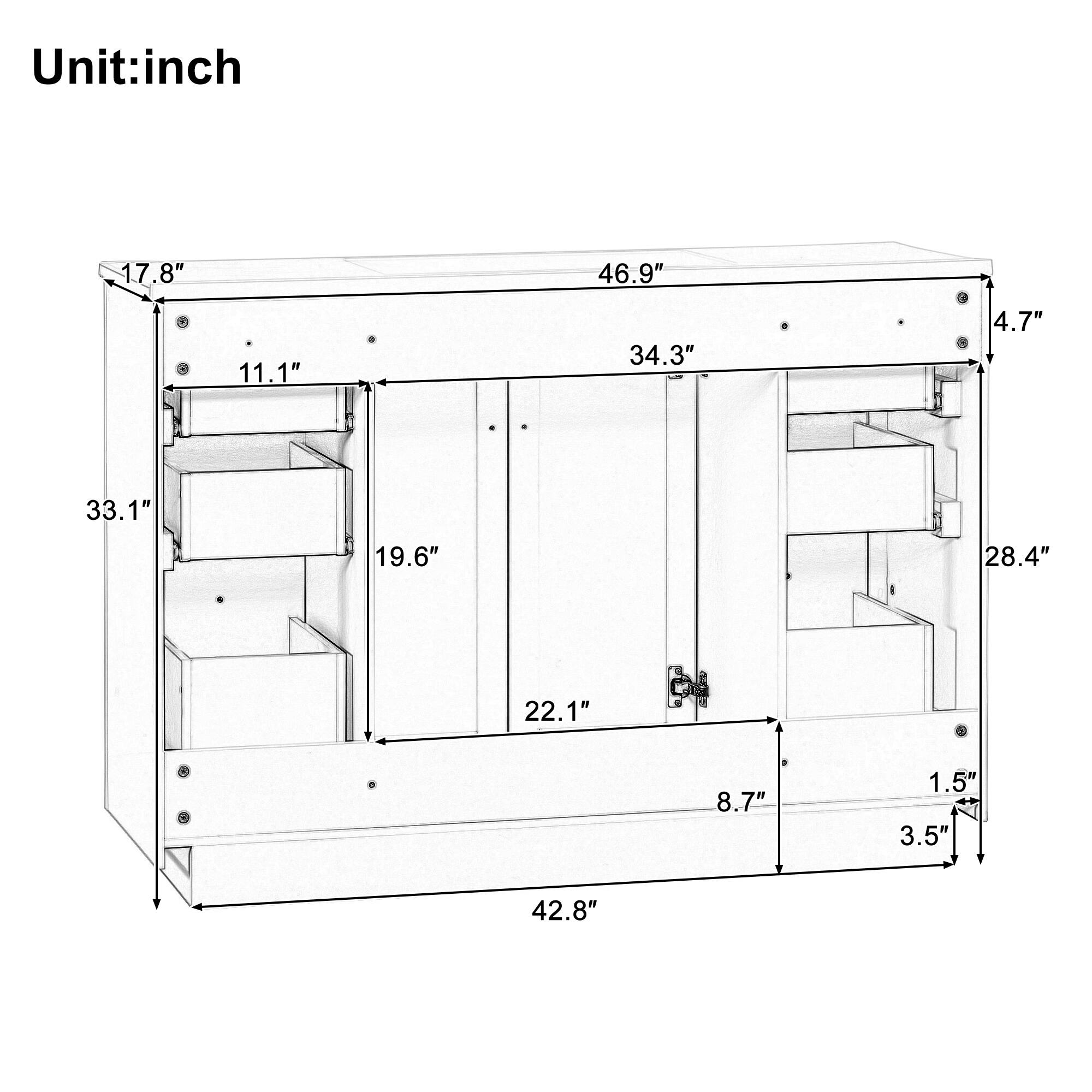 Unit: inch

17.8"
46.9"
11.1"
34.3"
4.7"
33.1"
19.6"
28.4"
22.1"
8.7"
1.5" 3.5"
42.8"