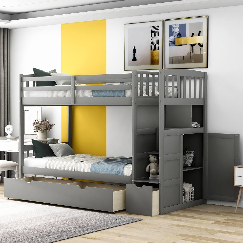 Back. Loheer - Loheer Twin over Full Bunk Bed with Stairs and Storage Drawers Gray - Gray.