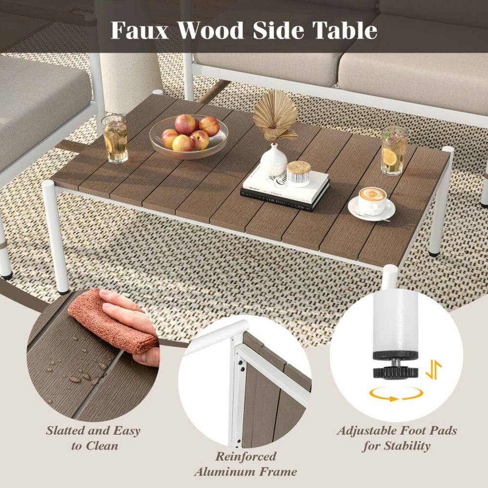 Faux Wood Side Table

- Slatted and Easy to Clean
- Reinforced Aluminum Frame
- Adjustable Foot Pads for Stability