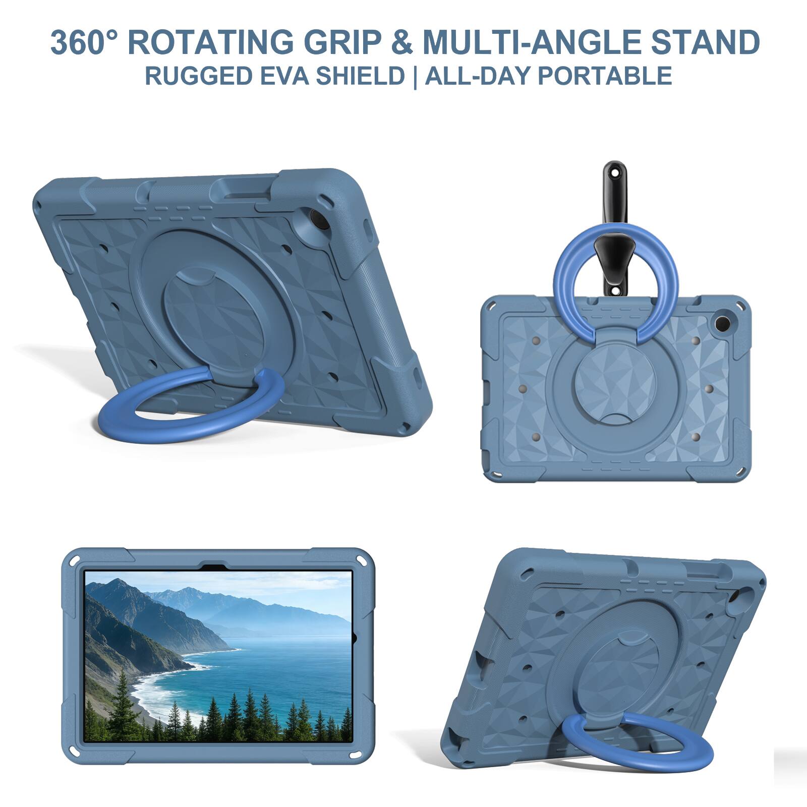 360° ROTATING GRIP & MULTI-ANGLE STAND  
RUGGED EVA SHIELD | ALL-DAY PORTABLE