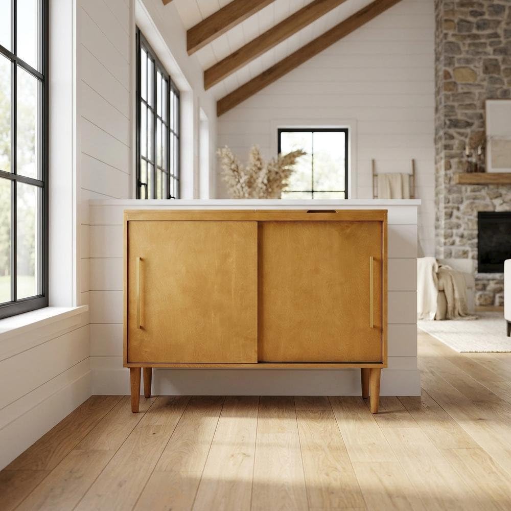 Angle. FurniFact - Brown Large Record Player Cabinet - Acorn.