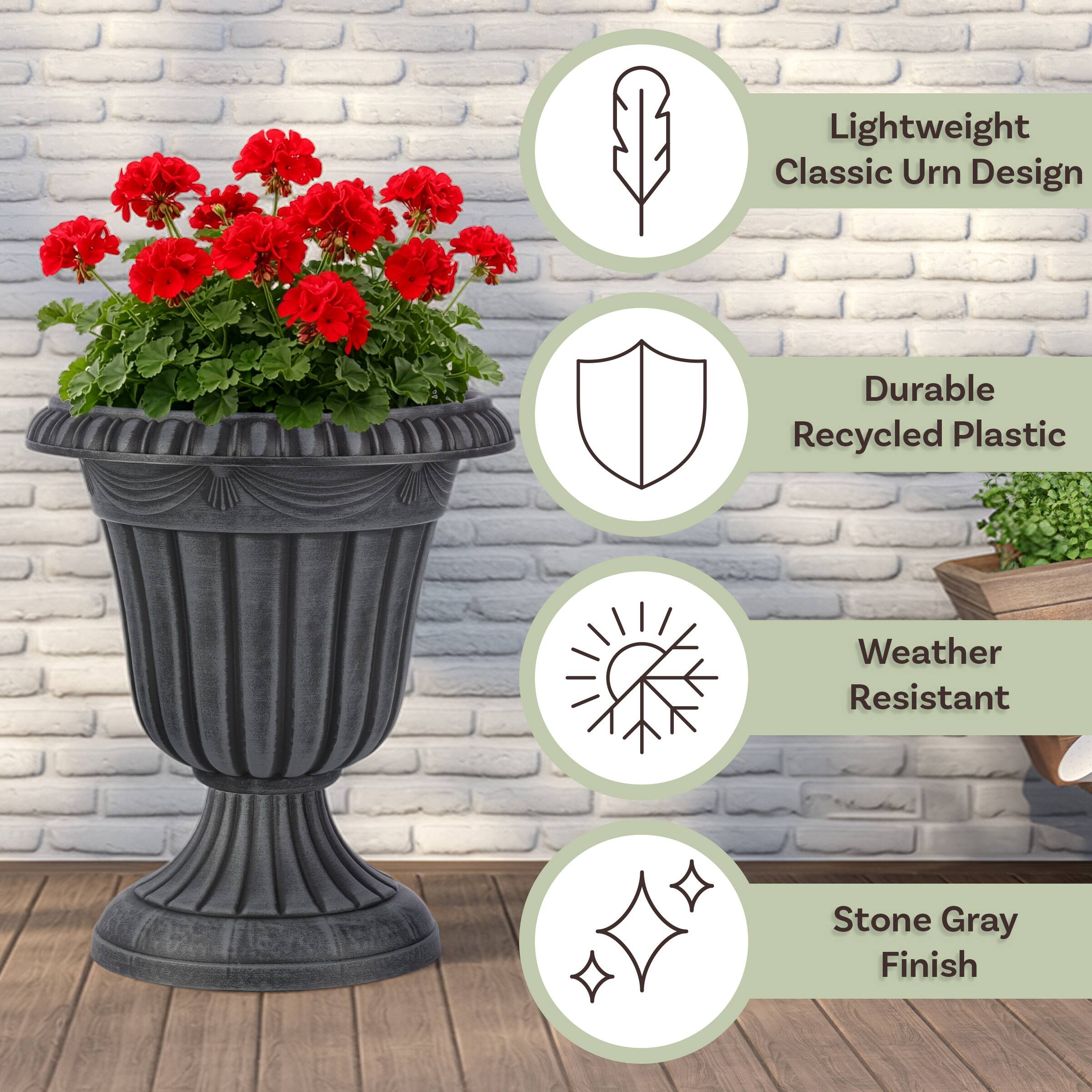 Lightweight Classic Urn Design  
Durable Recycled Plastic  
Weather Resistant  
Stone Gray Finish