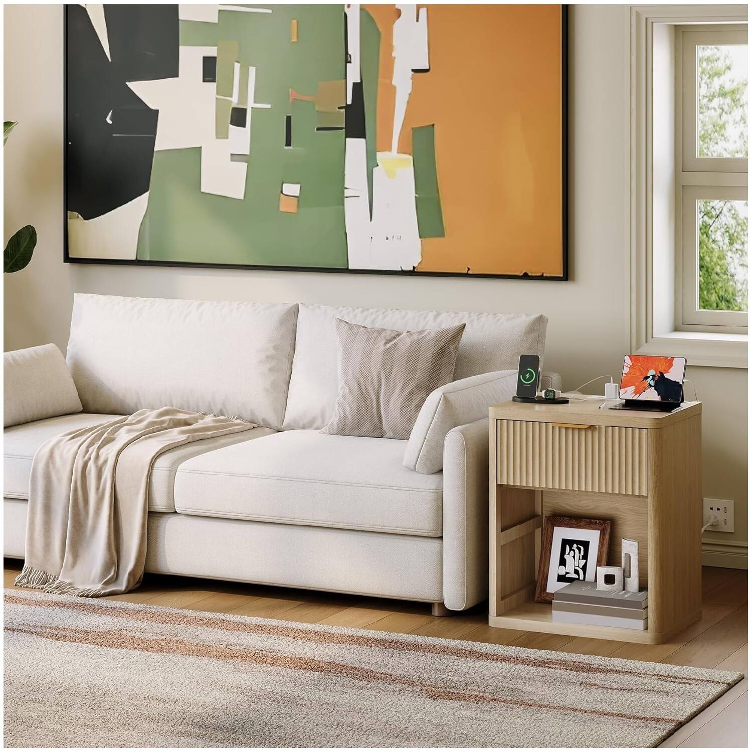 Left. GARVEE - Fluted Nightstand Set of 2 with Charging Station, Bedside Table with Drawers and Open Storage Space, Natural Color - Natural.