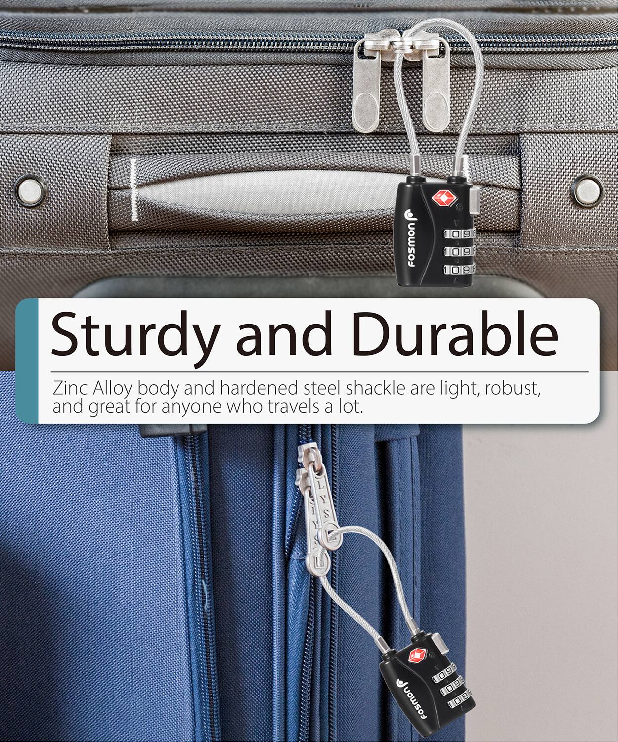 Sturdy and Durable

Zinc Alloy body and hardened steel shackle are light, robust, and great for anyone who travels a lot.