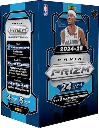 Panini Prizm Basketball: Find T Blaster Exclusive Ice Prizms! per bex, on average. Look for Blaster Exclusive Red Seismic, Seismic, Blue Orange & Green Seismic Pulsar Prizms! Look for THE Sublime Ultra-Rare & Manga inserts! 4 Cards Per Pack, 6 Packs Per Box. Dakich, Gilgeous-Alexander, Oklahoma 2024-25 Panini Prizm Sh Pack. Purchase Necessary. No 24 Cards Per Box. Blaster Exclusive. Find 3 Ice Prizms per box, on average.