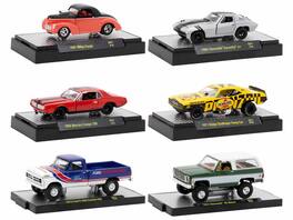 "Auto-Thentics" 6 piece Set Release 87 IN DISPLAY CASES Limited Edition 1/64 Diecast Model Cars by M2 Machines - Orange , Gray, Green, Red, Yellow, Blue