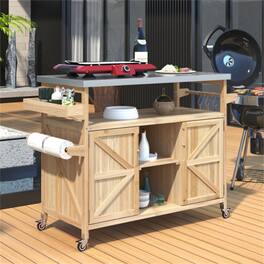 HTUTWOO - Outdoor Kitchen Island Rolling Bar Cart -Wood Grill Table with Stainless Steel Top,Storage Cabinet,Spice Rack,Towel Rack - Natural
