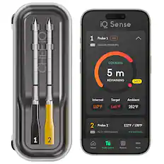 iO Sense
1 Probe 1 (Hot)
SIRLOIN (MEDIUM)
COOKING
5 m REMAINING
145°F
Internal 117°F
Target 145°F
Ambient 252°F
2 Probe 2
FILET (MED RARE)
112°F / 135°F
3 M REMAIN
Home Cook Control Recipes More