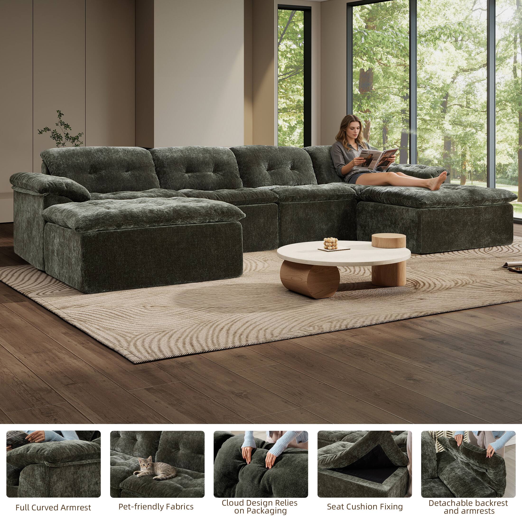 Full Curved Armrest  
Pet-friendly Fabrics  
Cloud Design Relies on Packaging  
Seat Cushion Fixing  
Detachable backrest and armrests