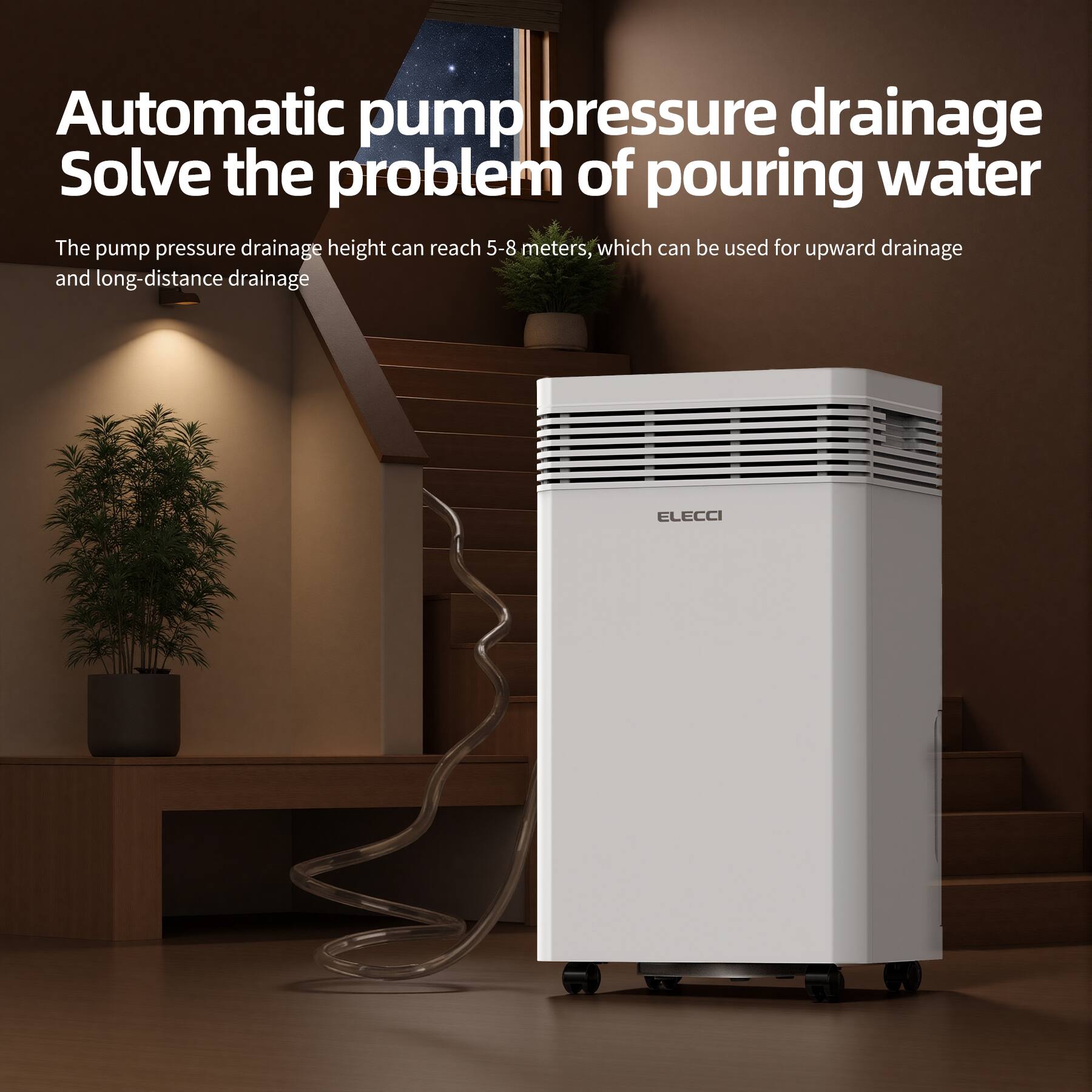 Automatic pump pressure drainage  
Solve the problem of pouring water  

The pump pressure drainage height can reach 5-8 meters, which can be used for upward drainage and long-distance drainage  

ELECCI