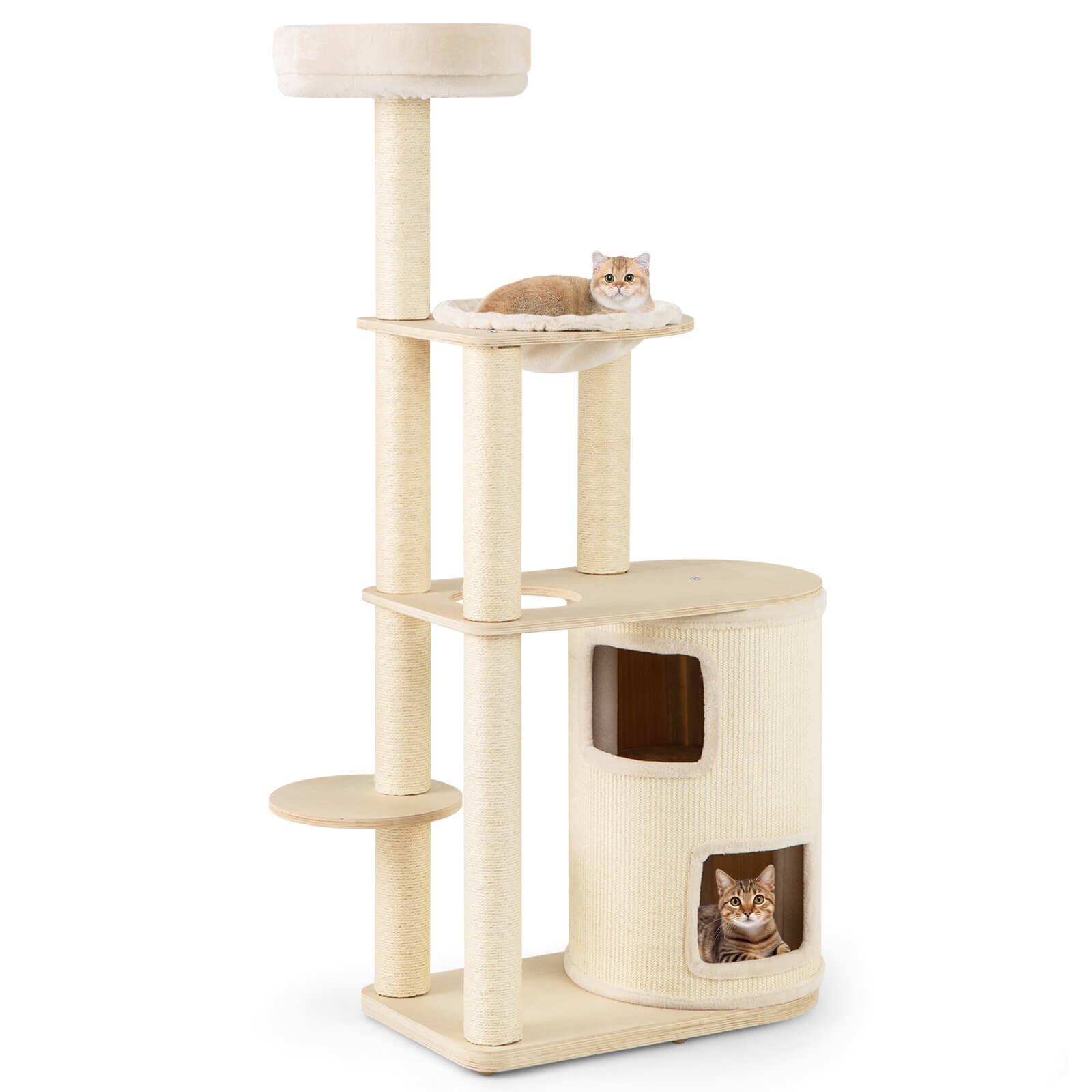 Front. Costway - Costway Wooden Cat Tree 6-Level Cat Scratching Stand with 2-Story Cat Condo Modern Cat Furniture - Natural,White.