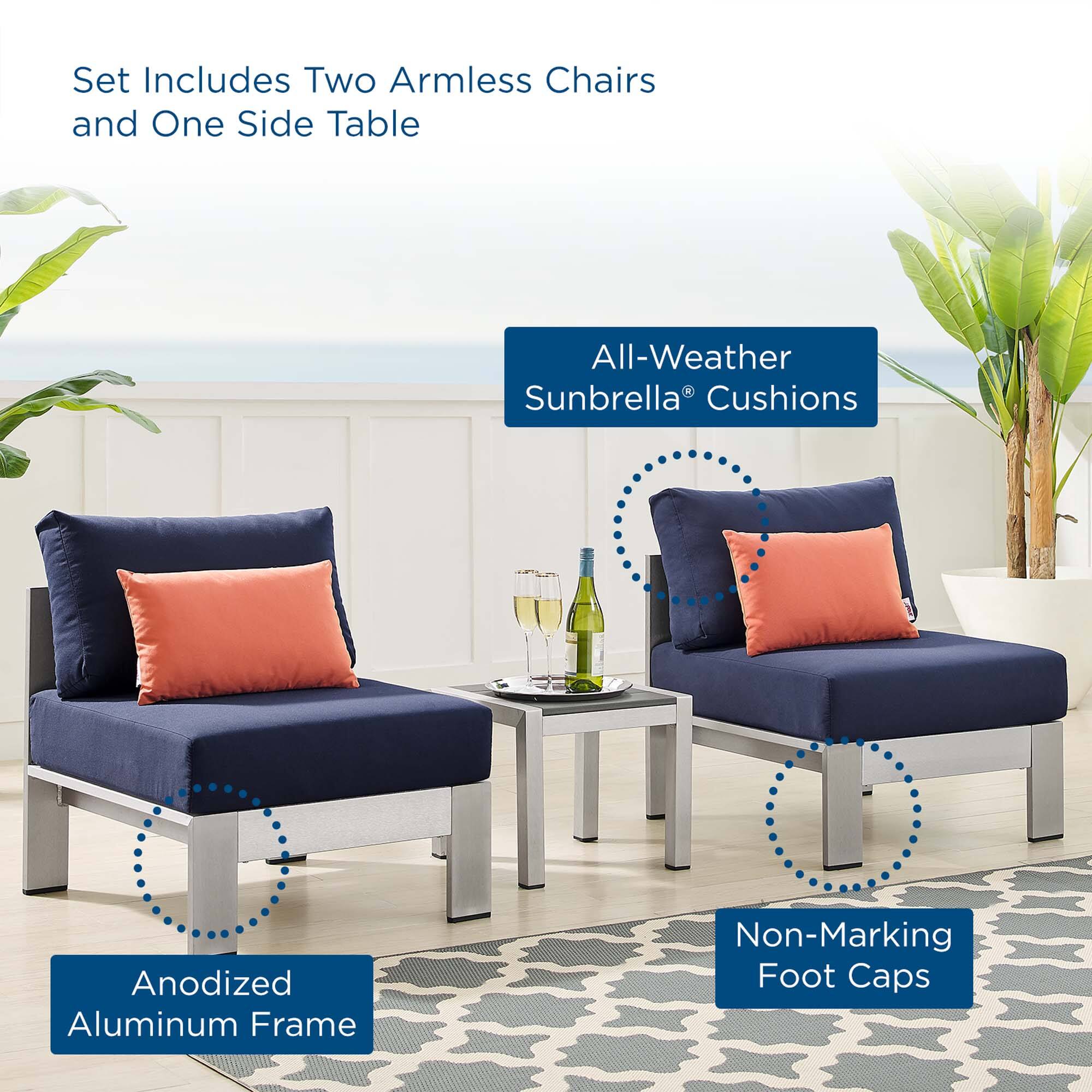 Set Includes Two Armless Chairs and One Side Table

- All-Weather Sunbrella® Cushions
- Anodized Aluminum Frame
- Non-Marking Foot Caps