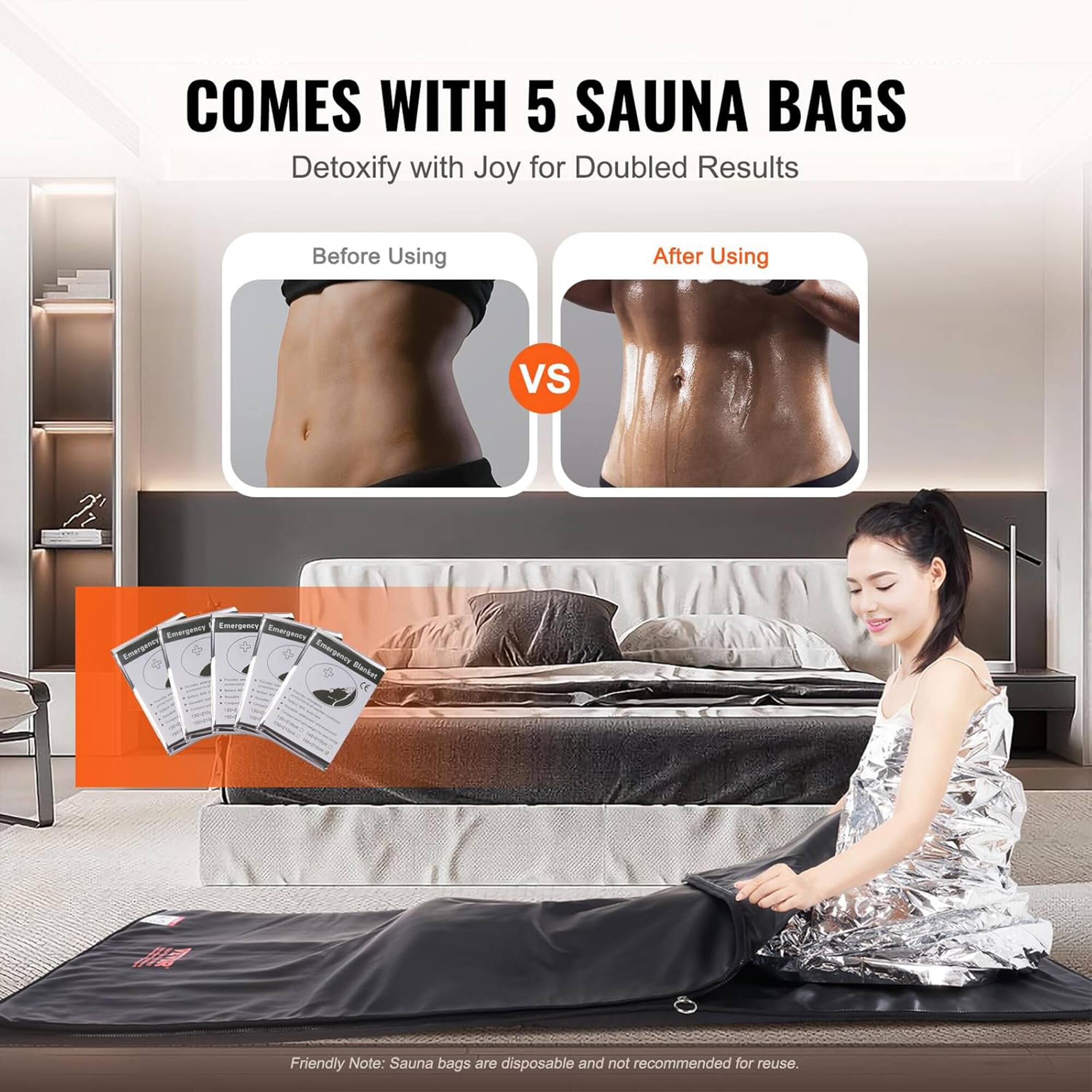 COMES WITH 5 SAUNA BAGS  
Detoxify with Joy for Doubled Results  

Before Using vs After Using  

Friendly Note: Sauna bags are disposable and not recommended for reuse.