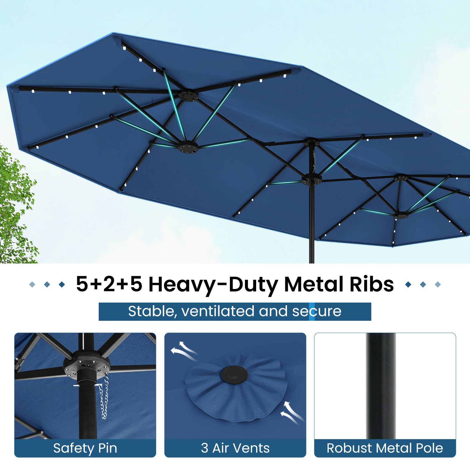 5+2+5 Heavy-Duty Metal Ribs  
Stable, ventilated and secure  
Safety Pin  
3 Air Vents  
Robust Metal Pole
