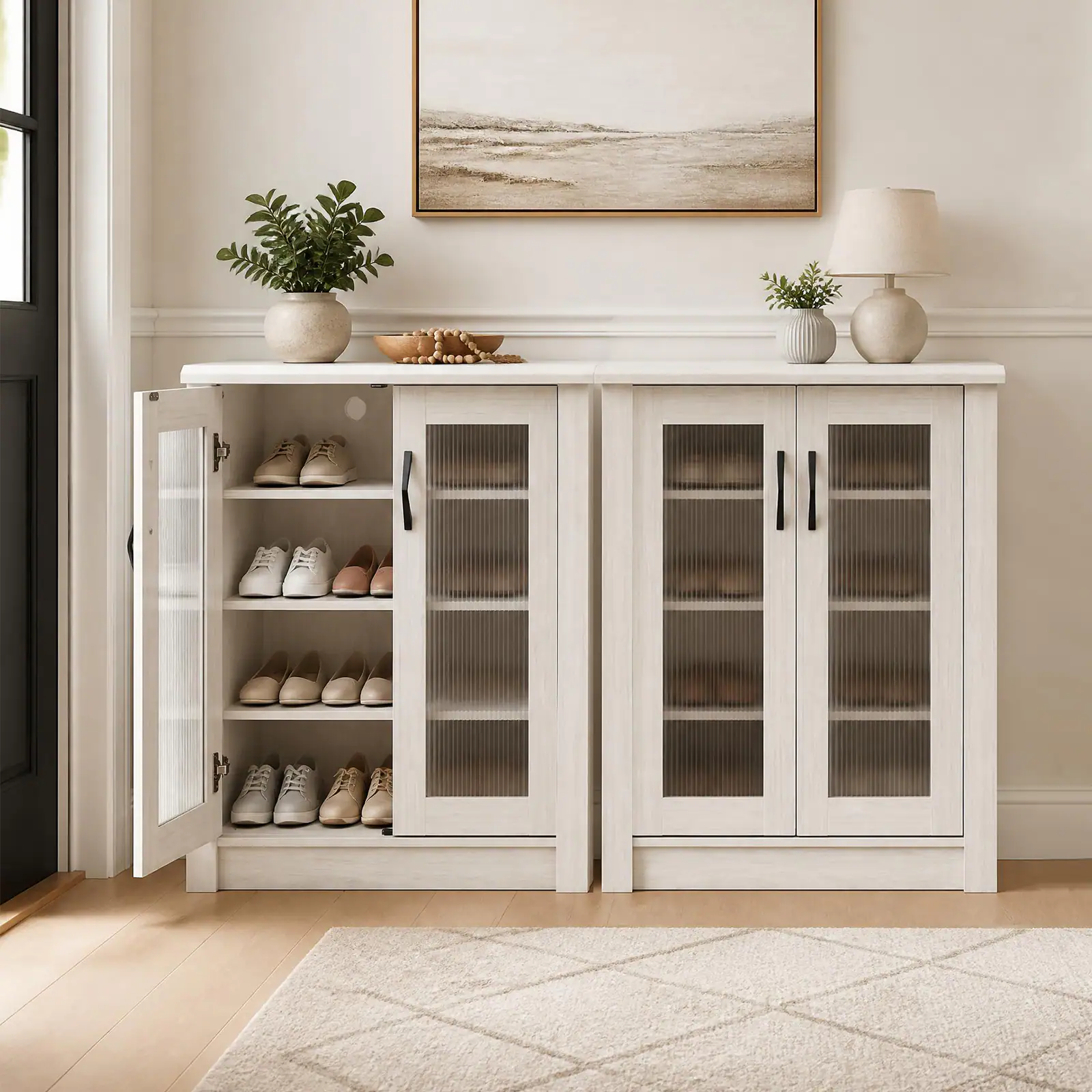 Alt View 4. Costway - Costway 2-Door Shoe Cabinet with Removable Shelves, Fluted Transparent Doors, Cable Holes - 2-Door White.