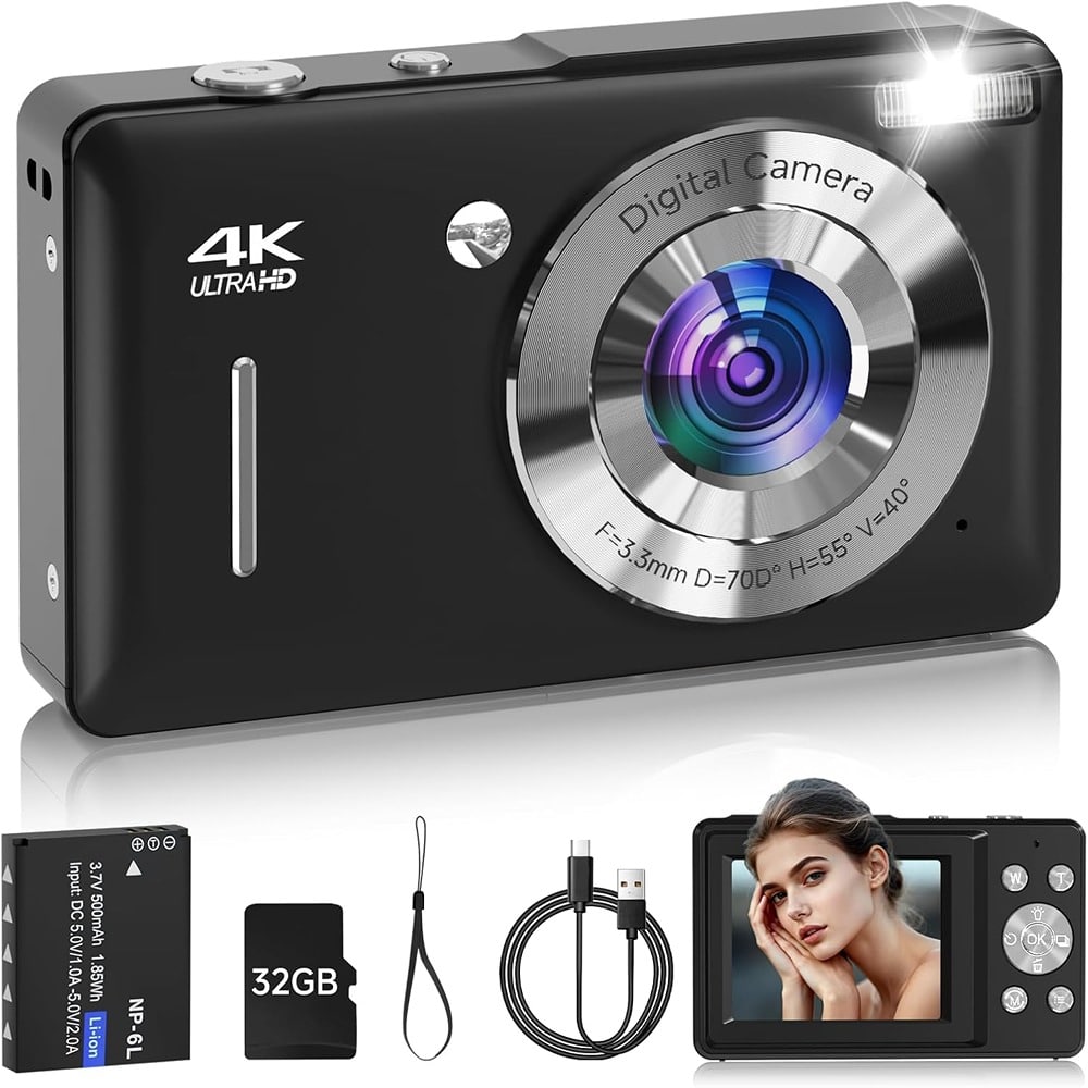 ACJPR - Digital Camera for Kids, 44MP, 18X Zoom, 1080P, Anti-Shake, 32GB Card, Black