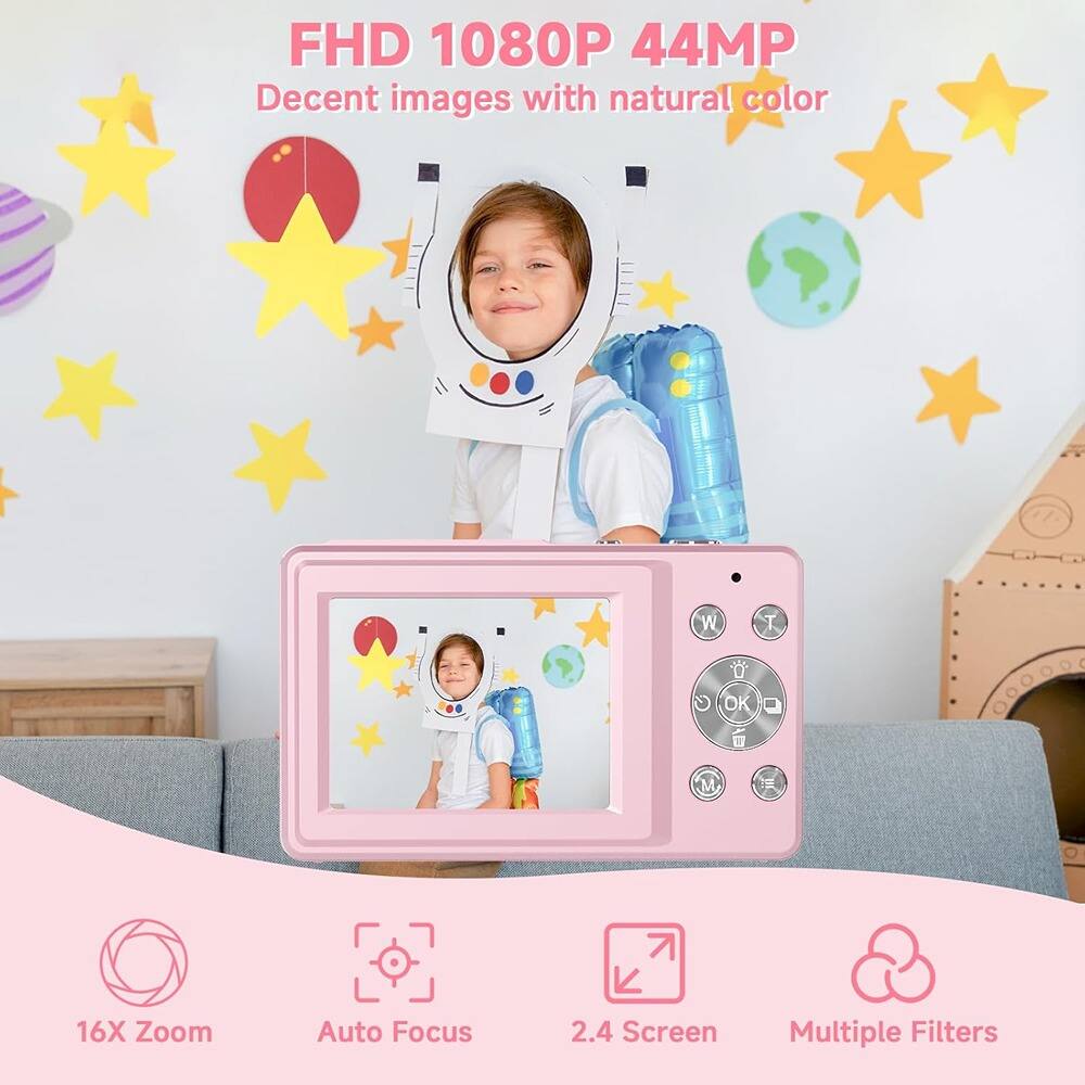 FHD 1080P 44MP  
Decent images with natural color  

16X Zoom  
Auto Focus  
2.4 Screen  
Multiple Filters